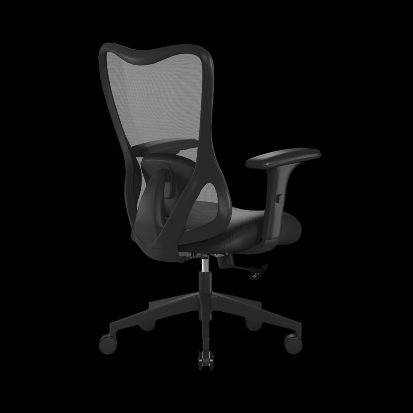 Black office chair with mesh backrest on a black background