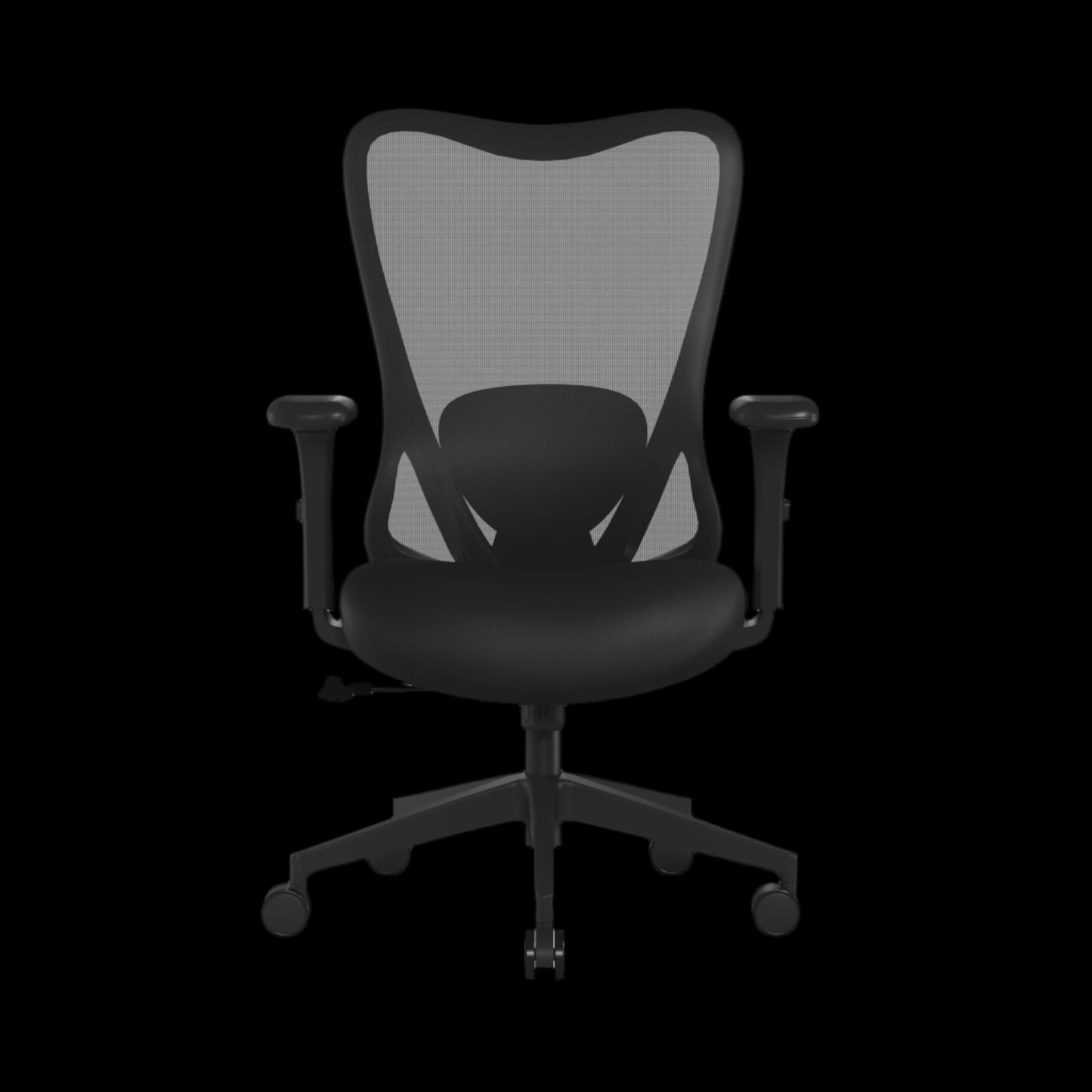 Black office chair with mesh backrest on a black background