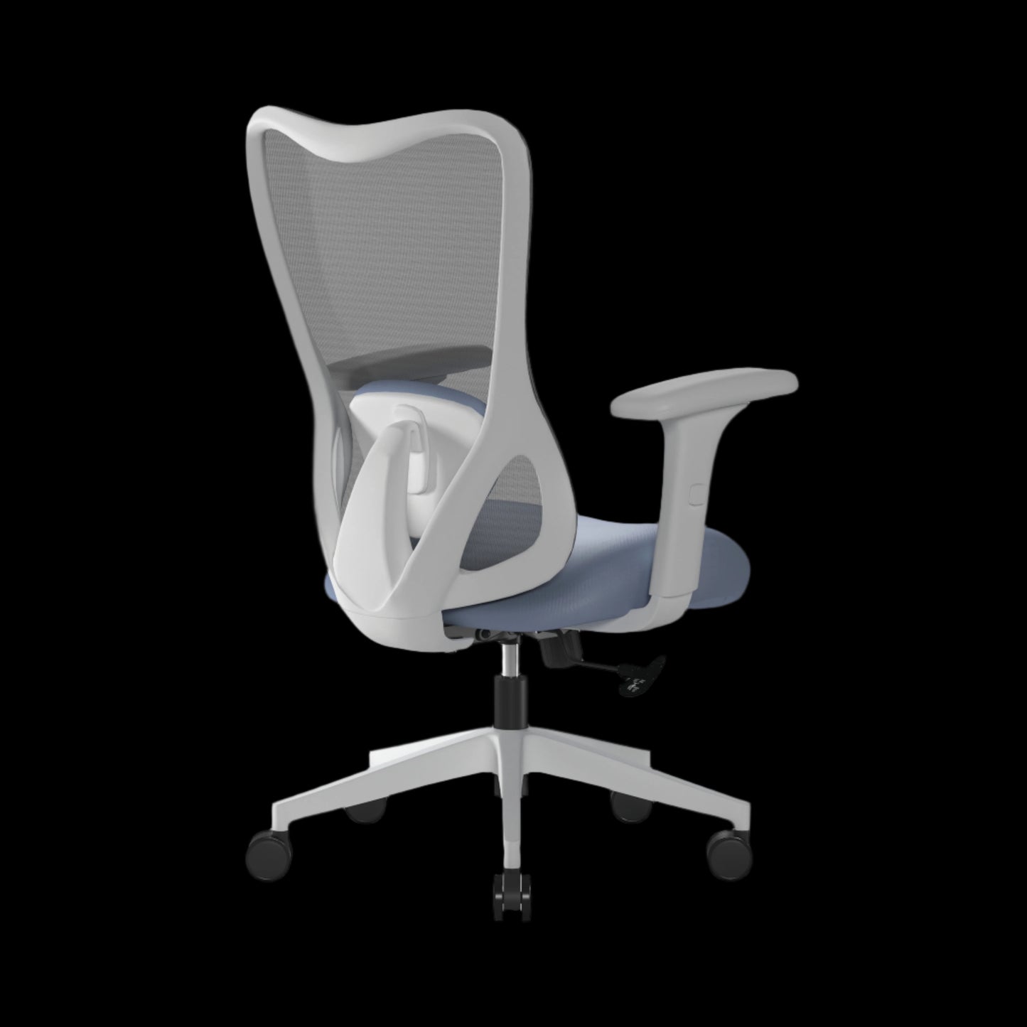Blue office chair with mesh back on a black background