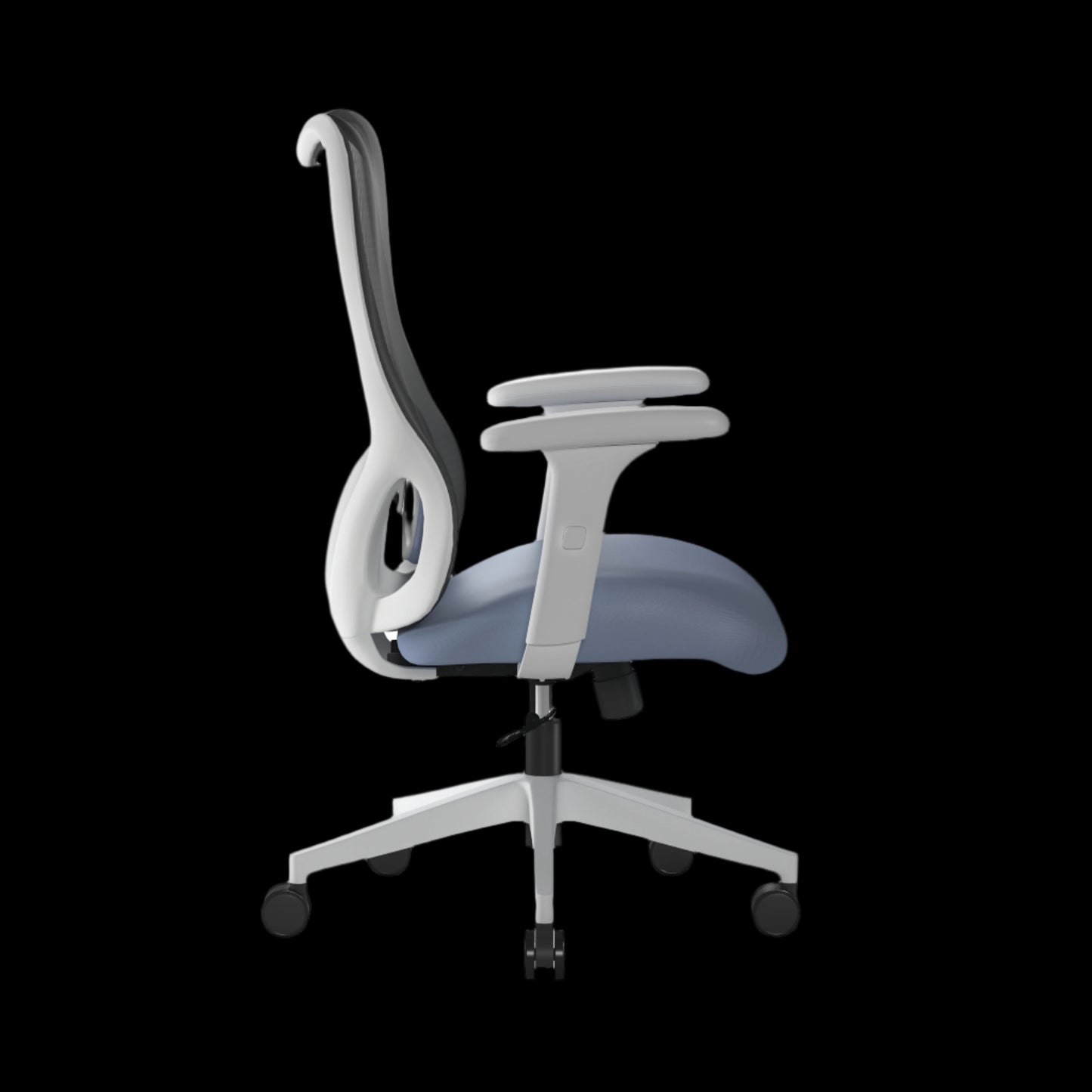Blue office chair with white frame on a black background