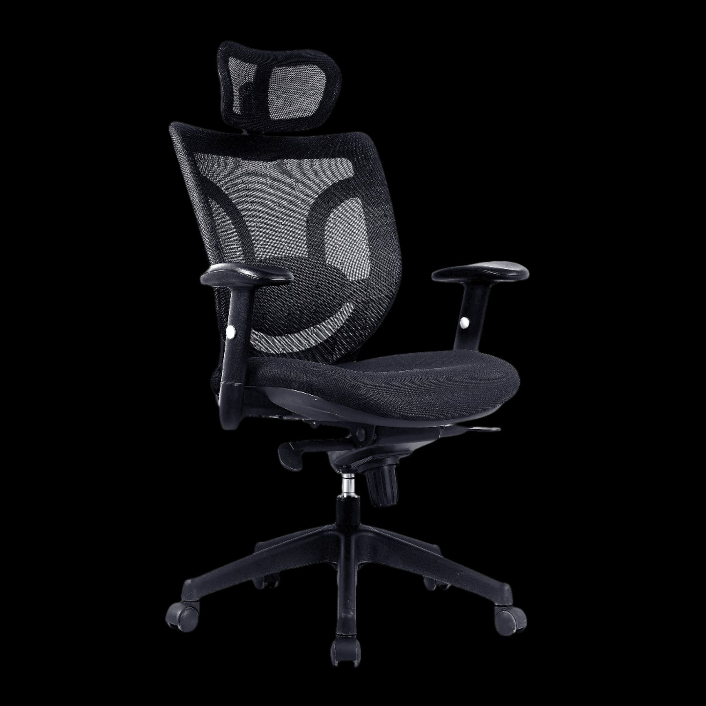 Black office chair with mesh backrest on a black background