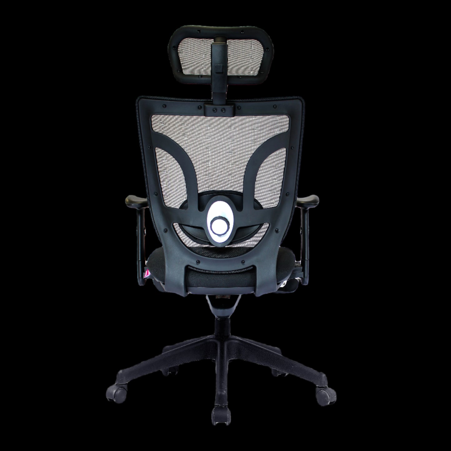 Black office chair with mesh backrest on a black background