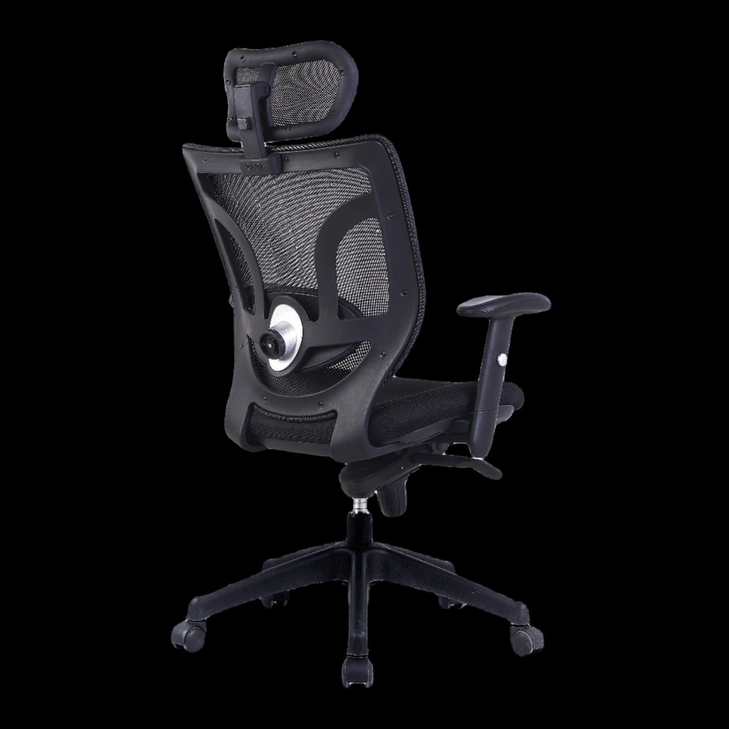 Black office chair with mesh backrest on a black background