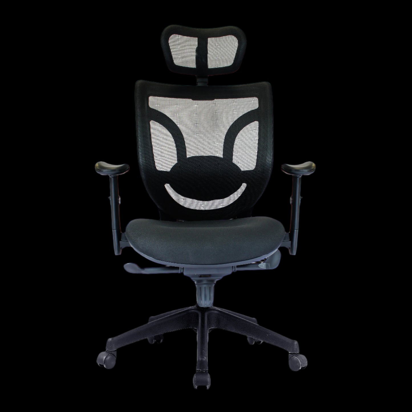Black office chair with mesh back on a black background