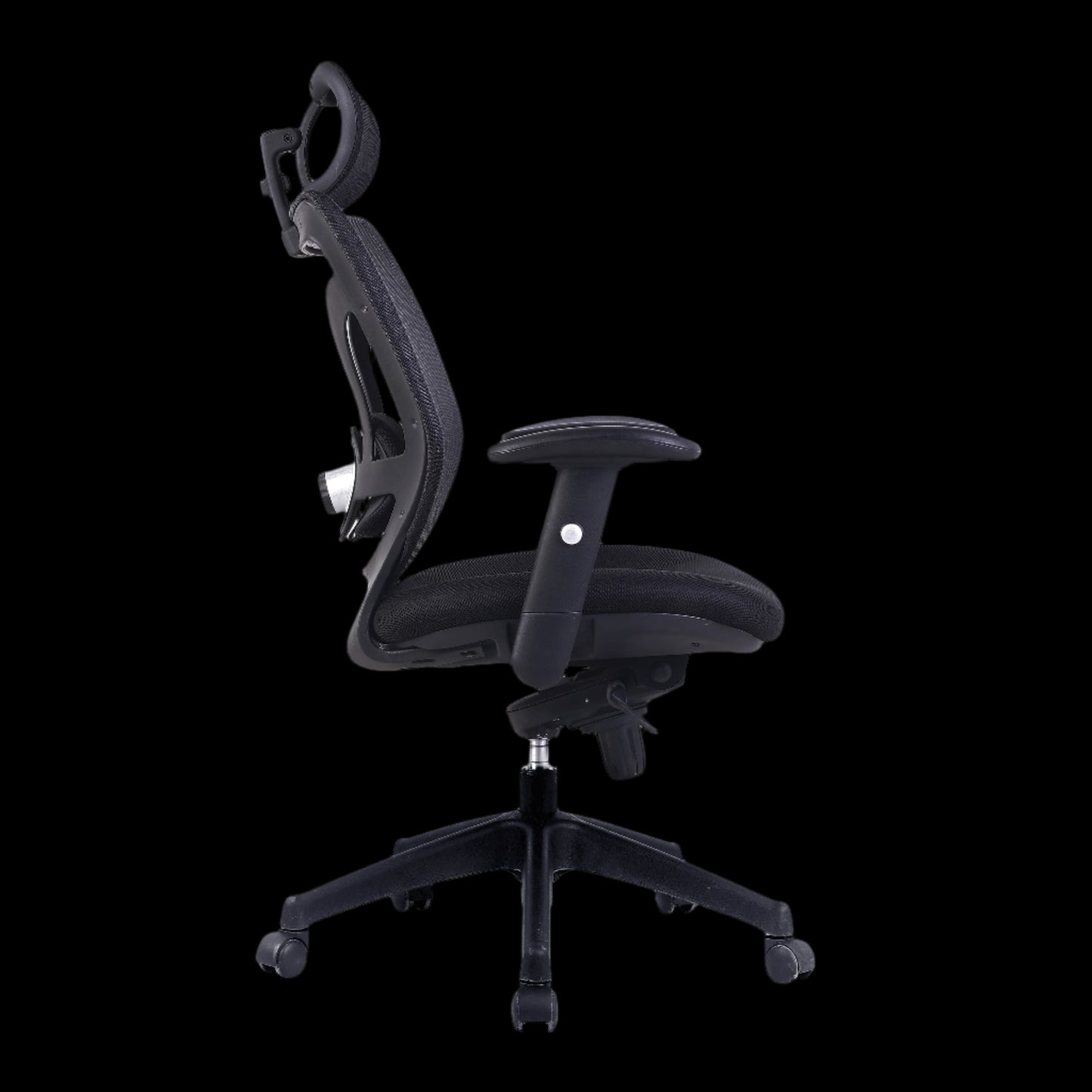Black office chair with adjustable features on a black background