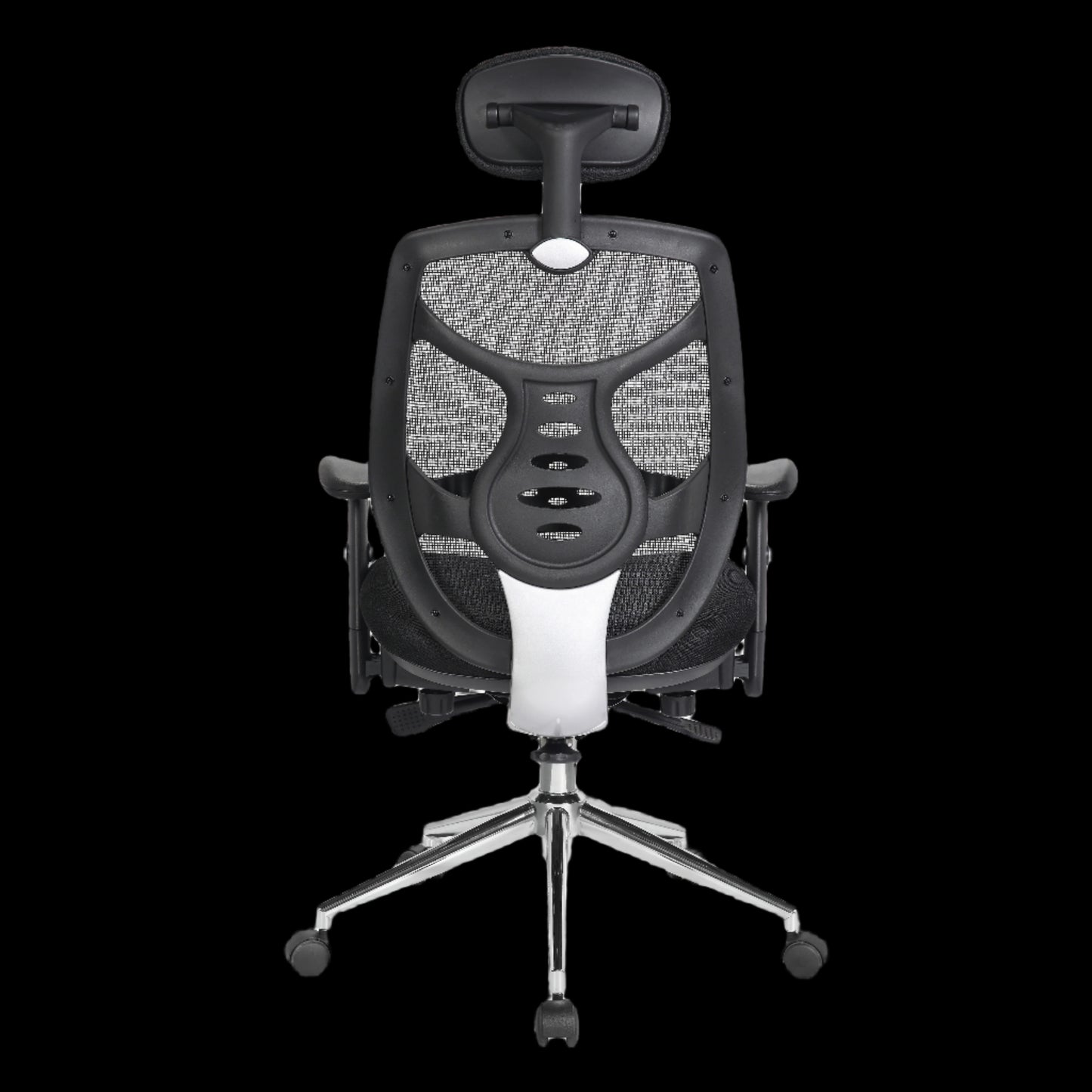 Black office chair with mesh back and adjustable headrest on a black background