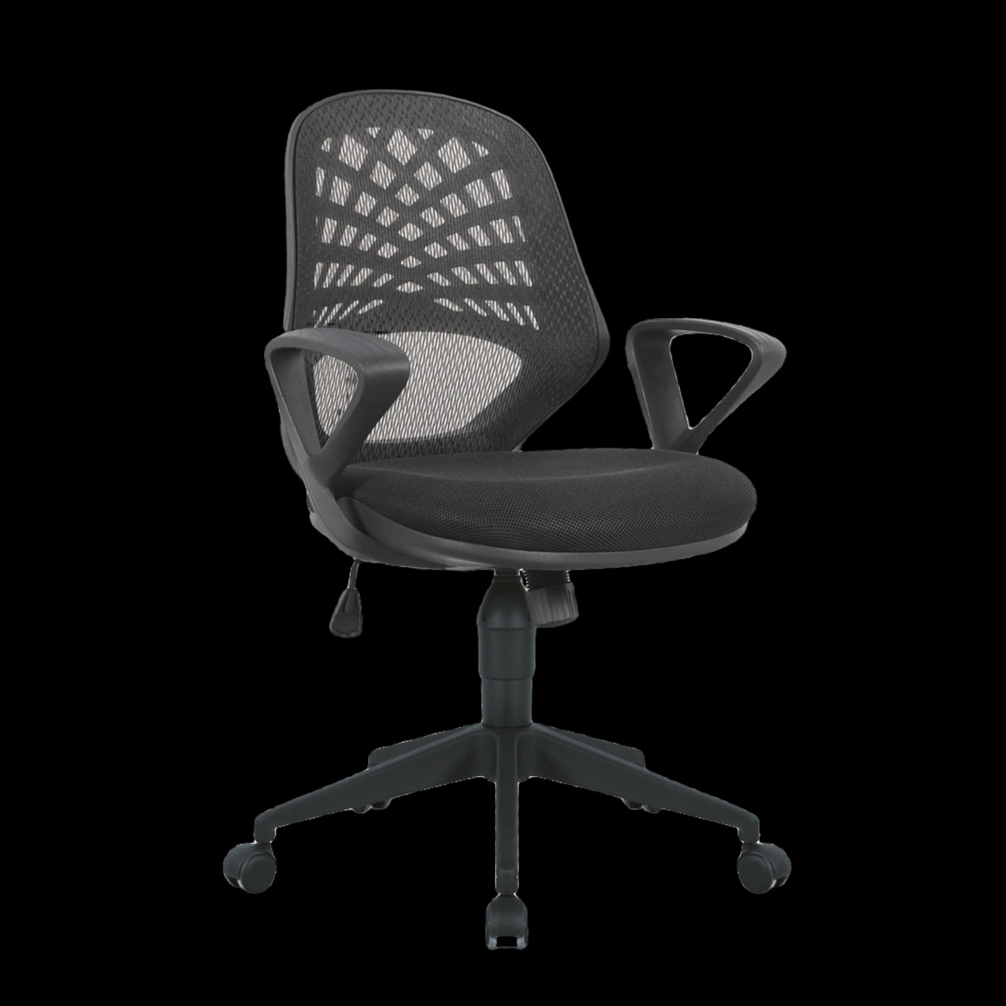Black office chair with mesh back on a black background