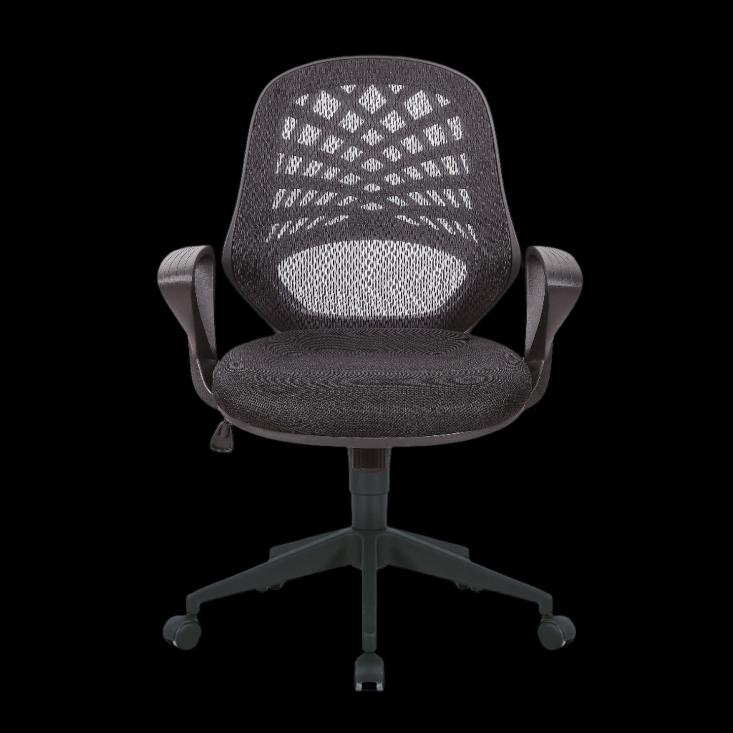 Gray office chair with mesh back on a black background
