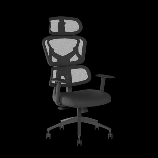 Black office chair with mesh back on a black background