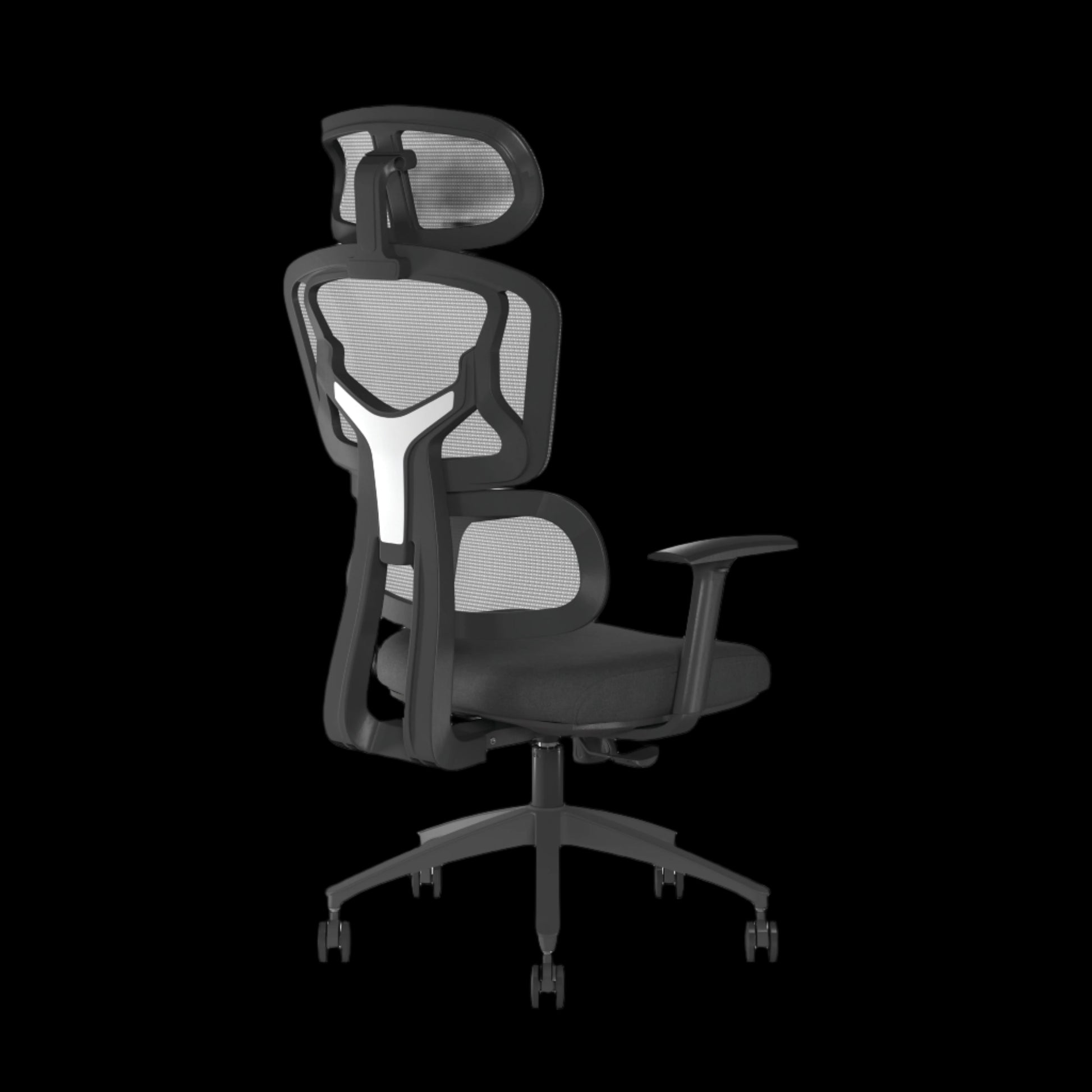 Black office chair with mesh back on a black background