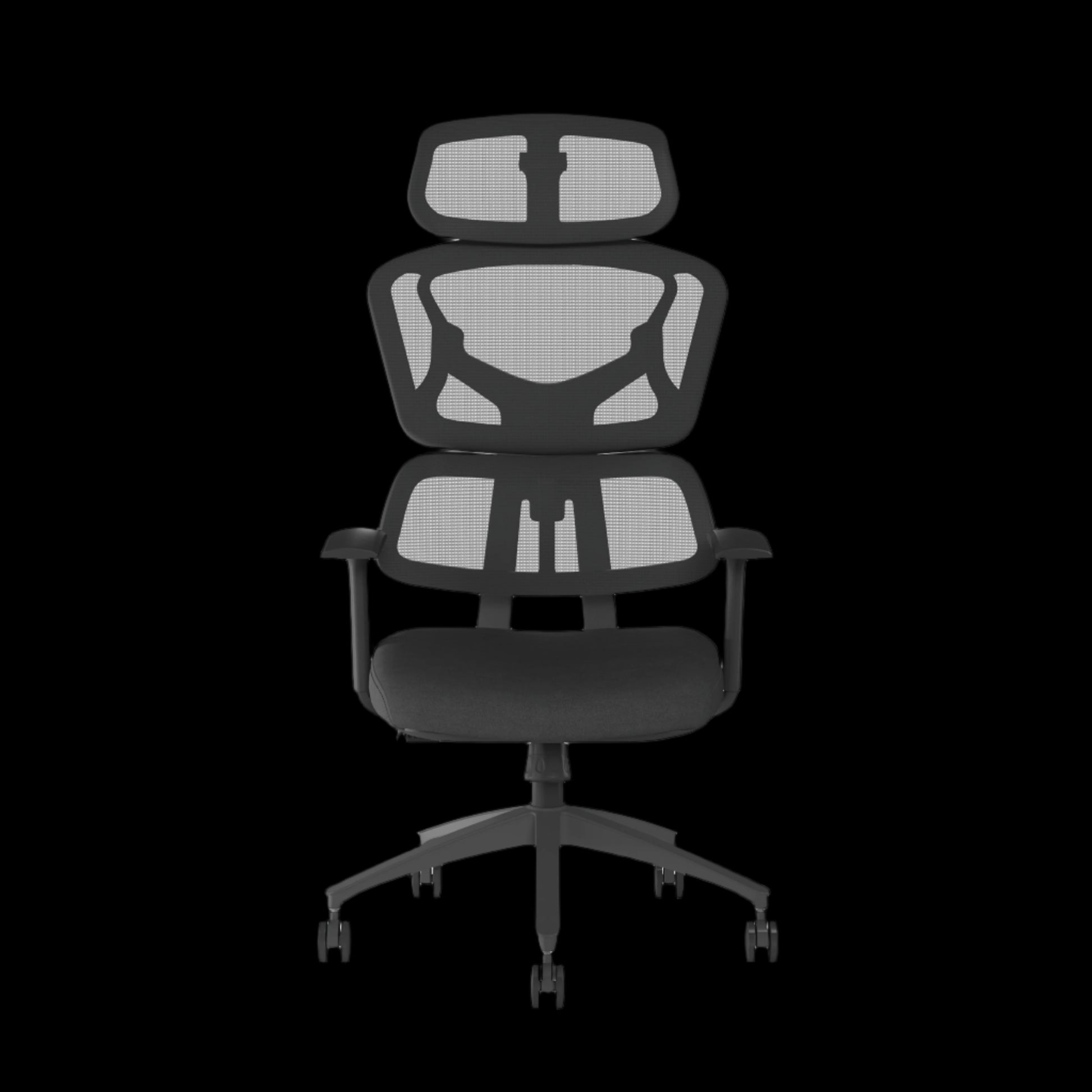 Black office chair with mesh backrest on a black background