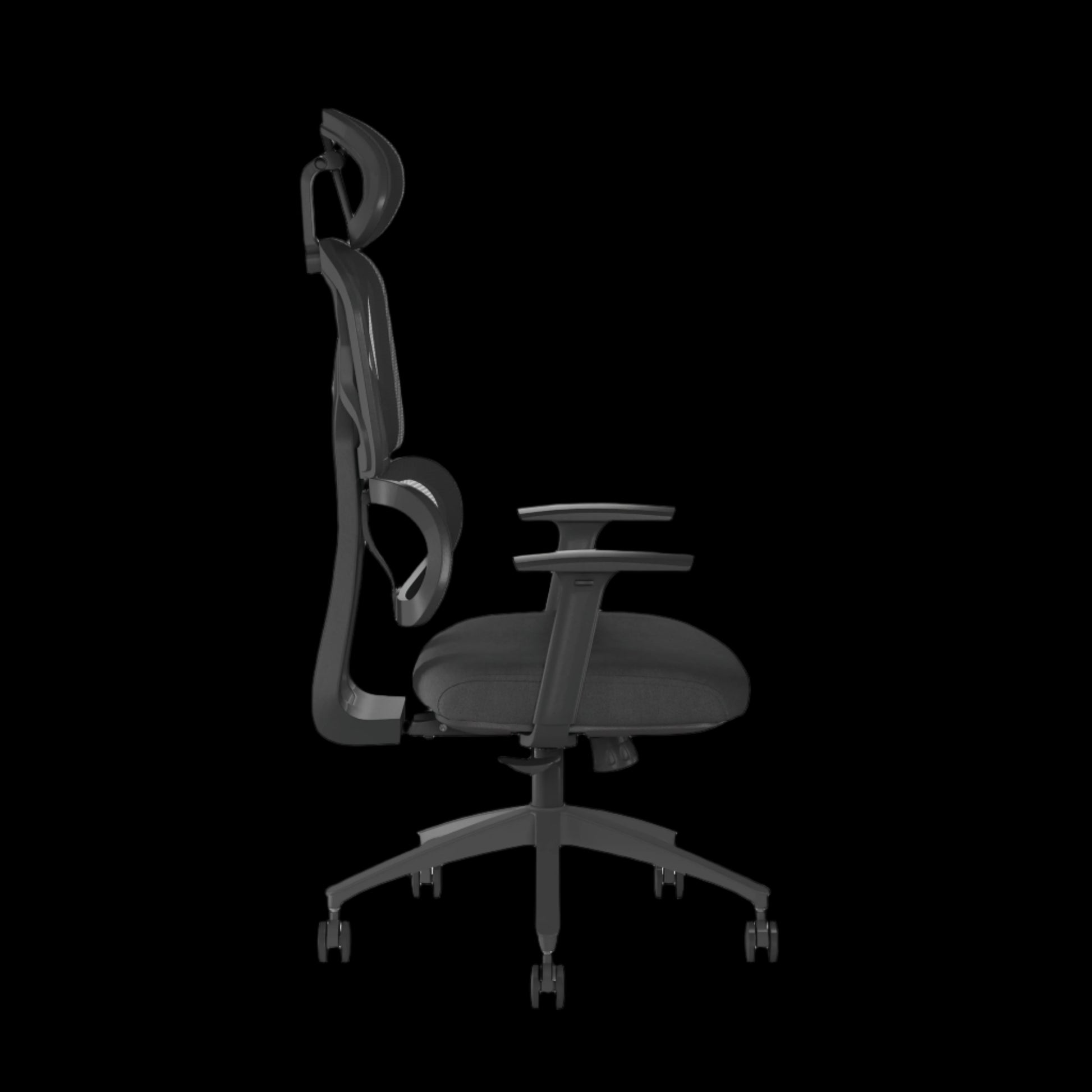 Black office chair with adjustable armrests on a black background