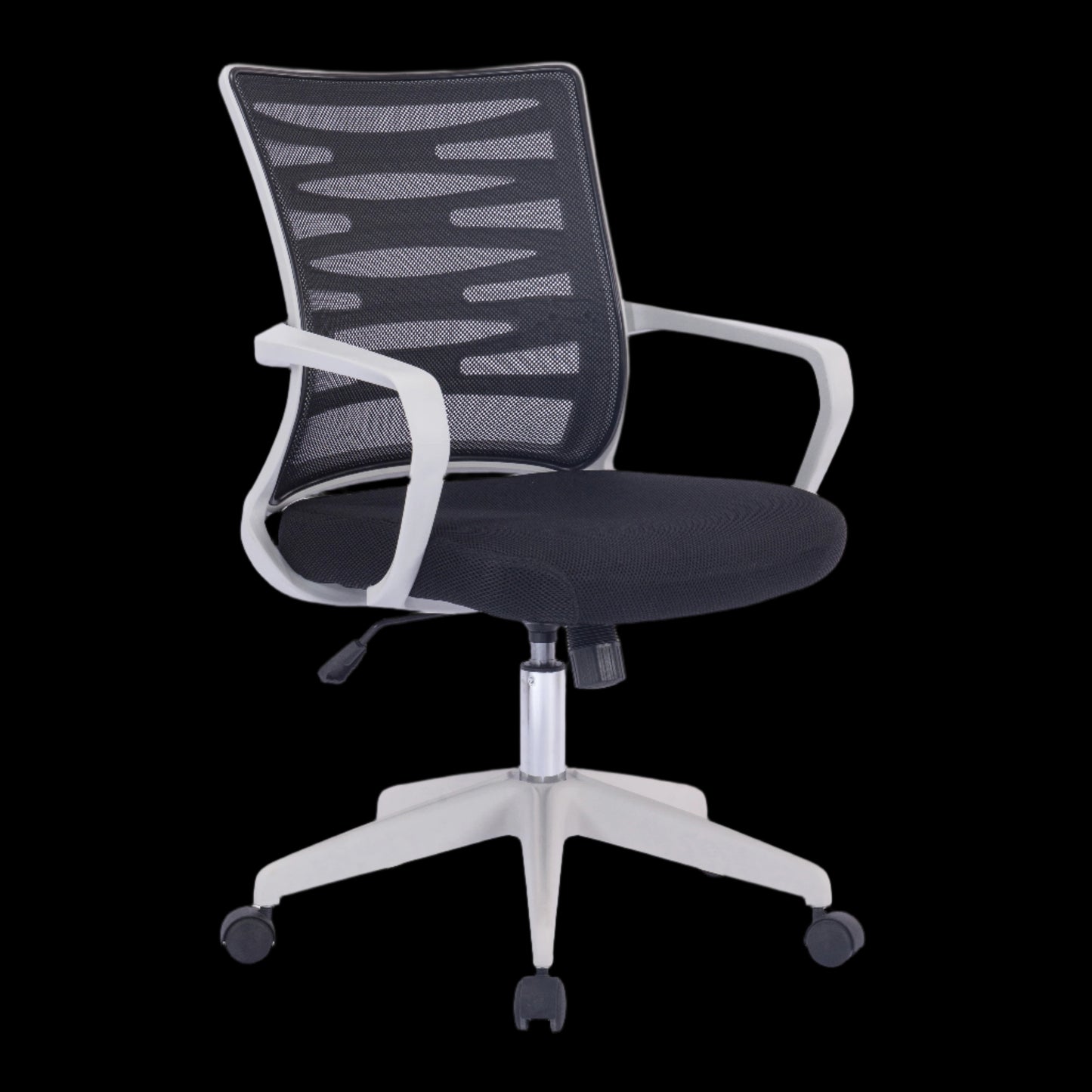 Black office chair with mesh backrest on a black background