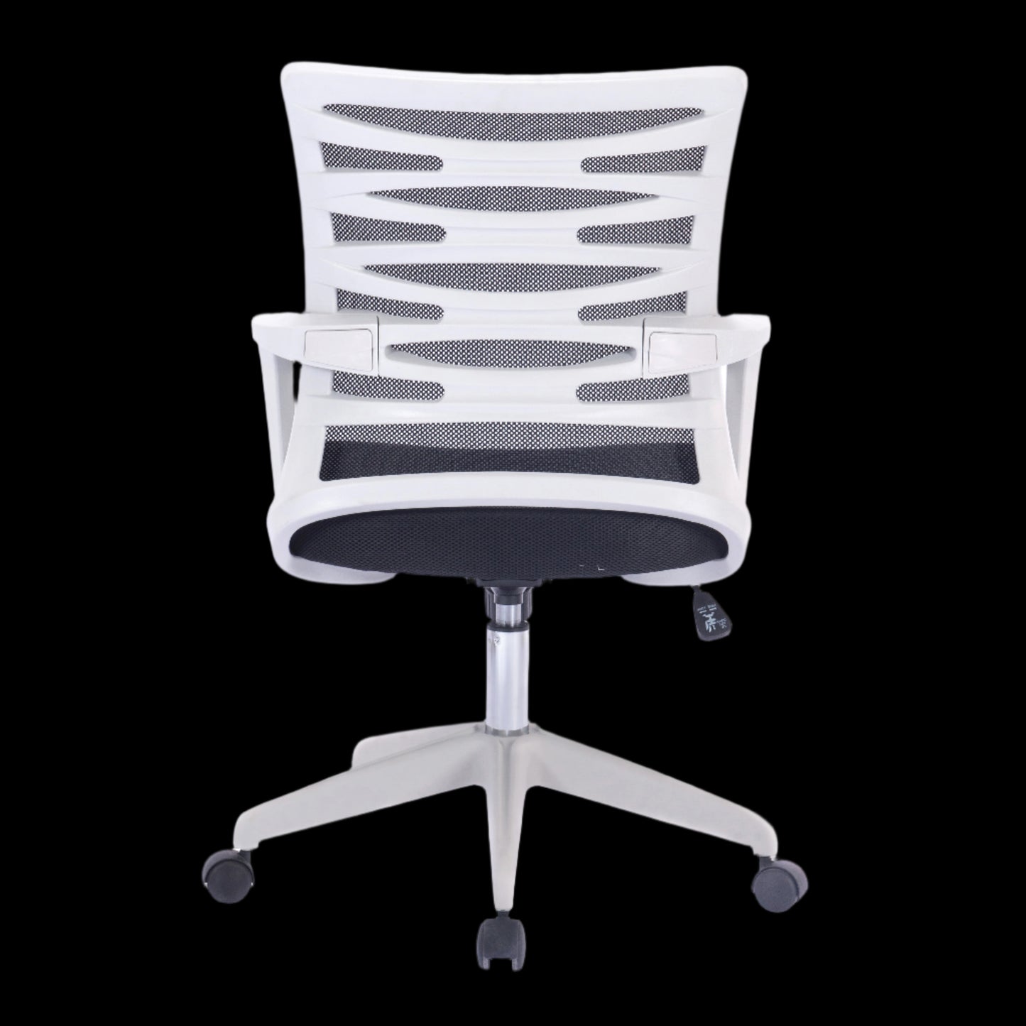 White office chair with black mesh backrest on a black background