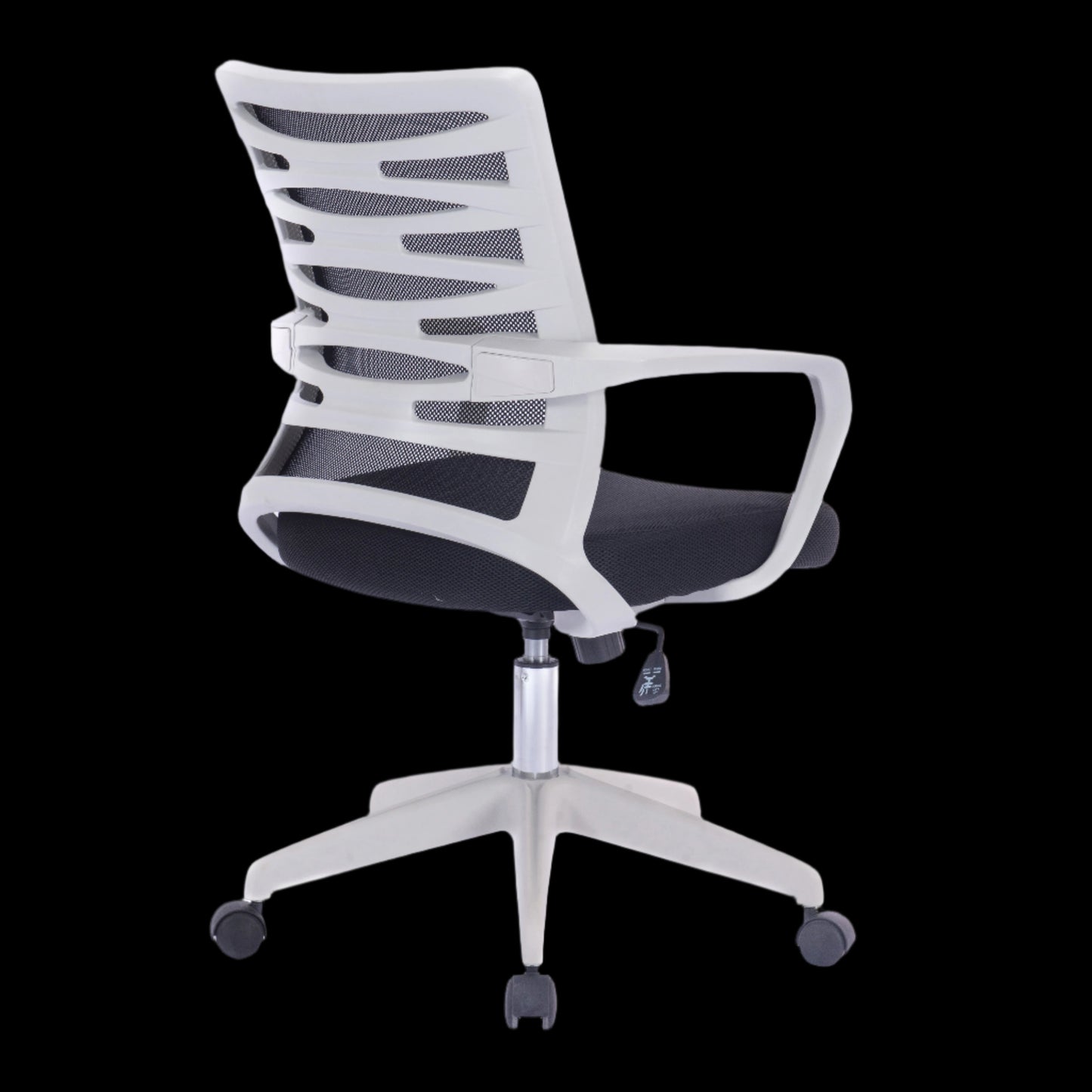 White office chair with black mesh back on a black background