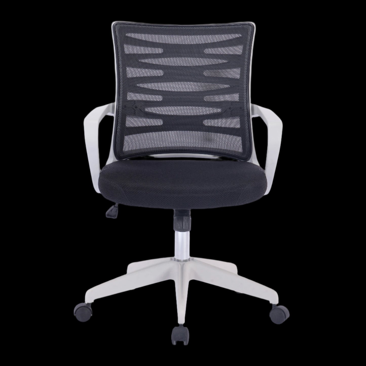 Black office chair with mesh backrest on a black background