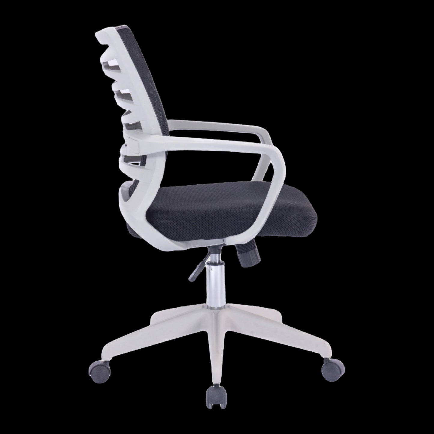 Black office chair with white frame on a black background