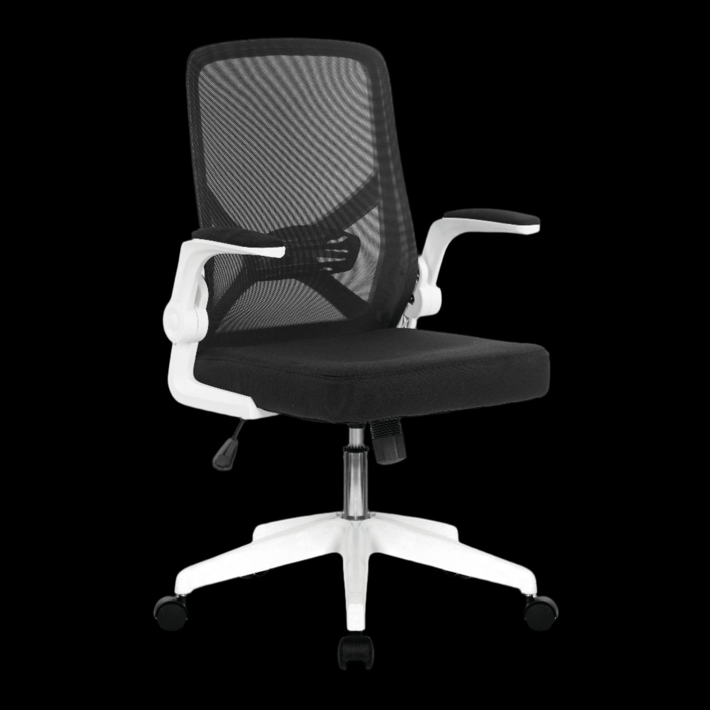Black office chair with white base on a black background