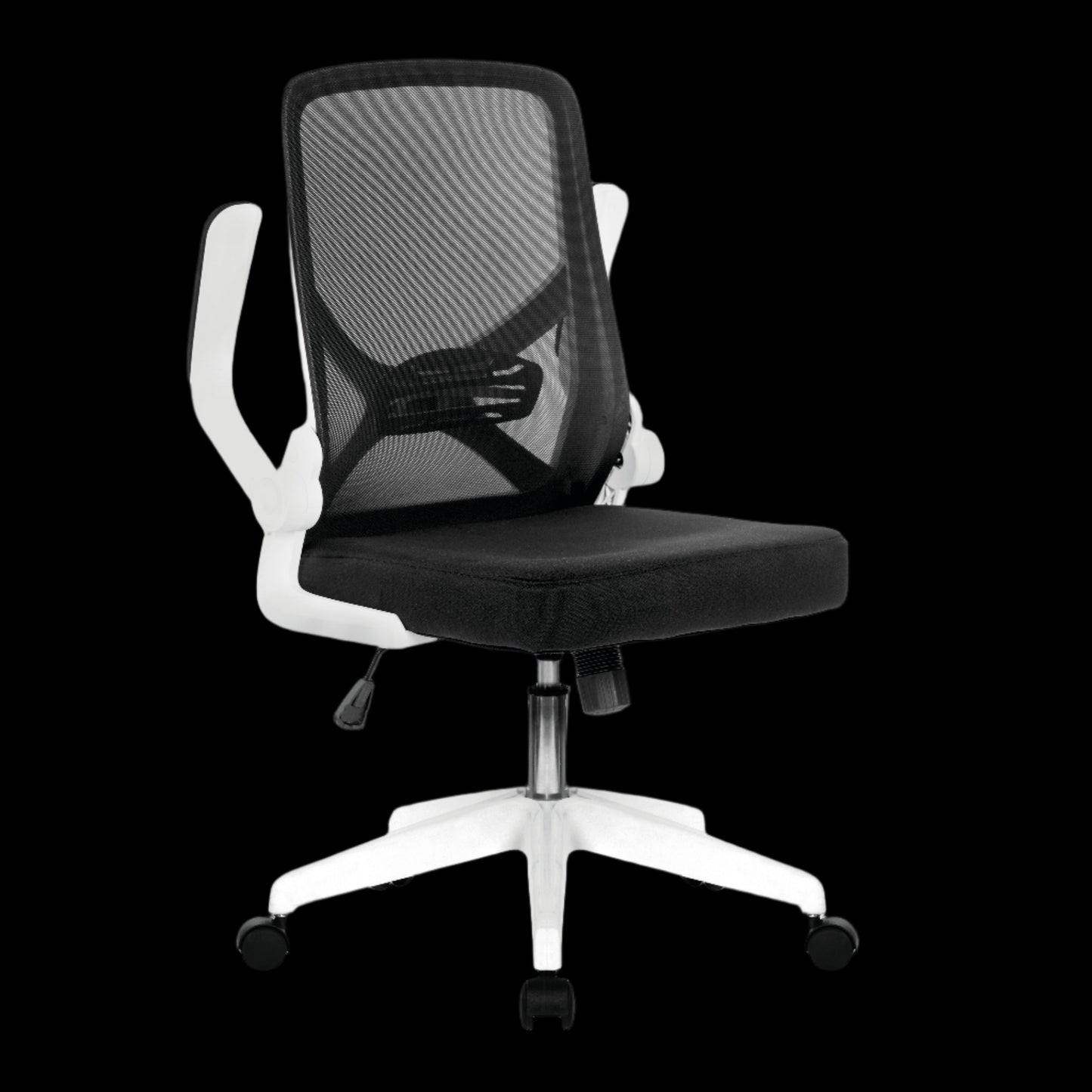 Black office chair with white frame on a black background