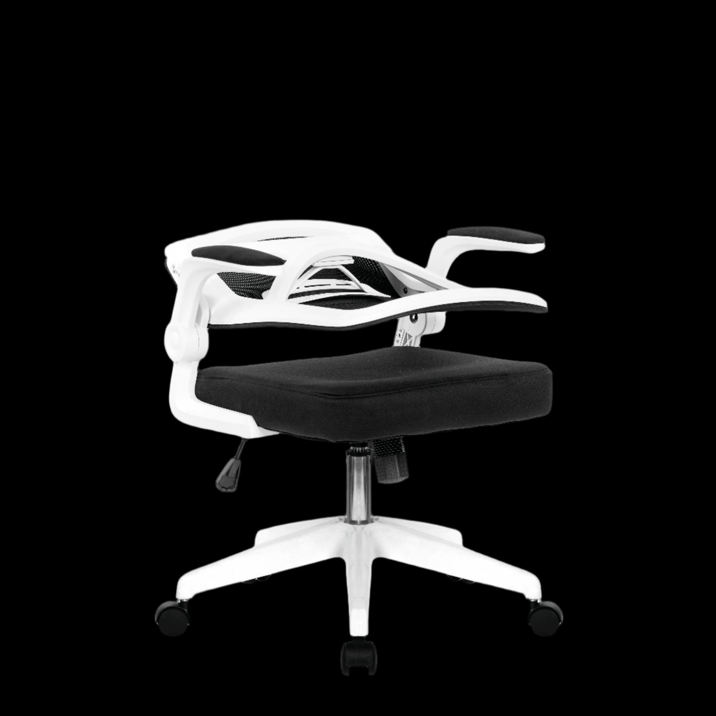 Black office chair with white frame on a black background