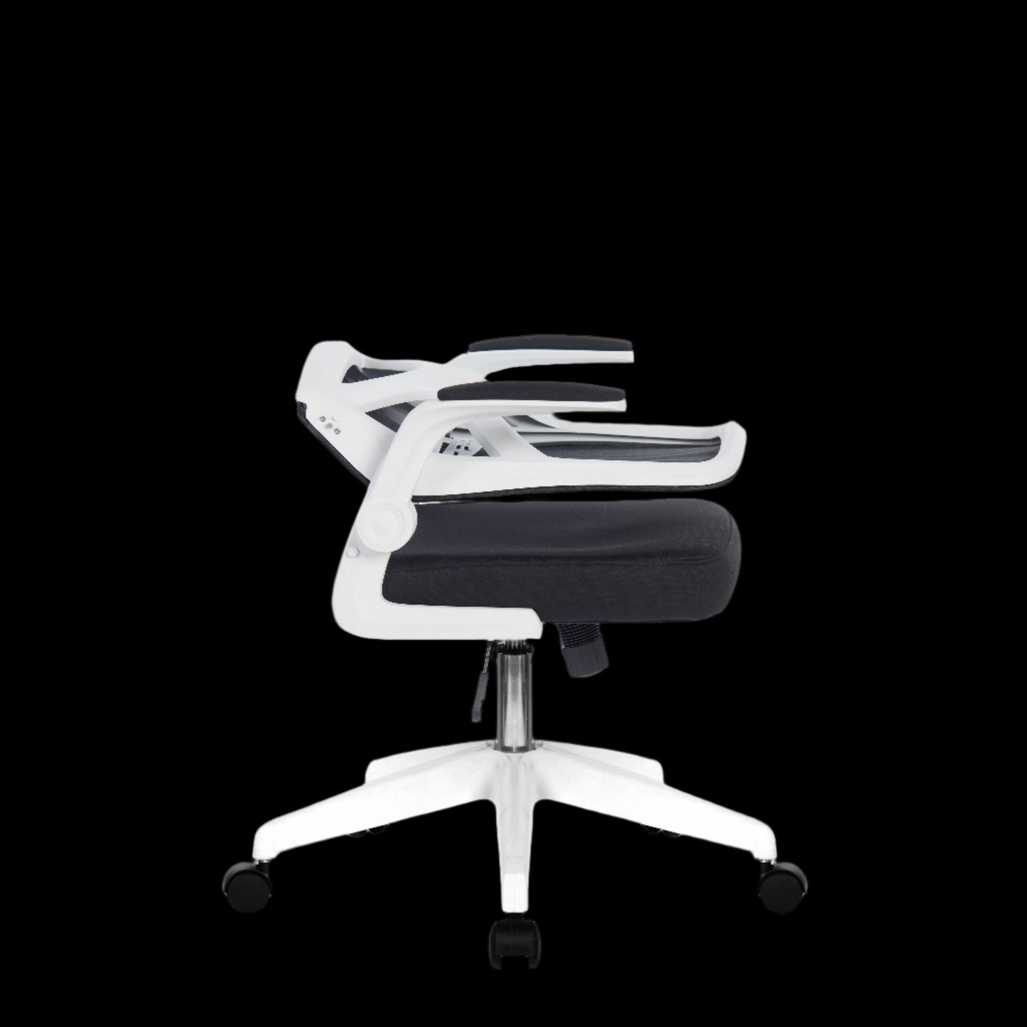 White office chair with black seat on a black background