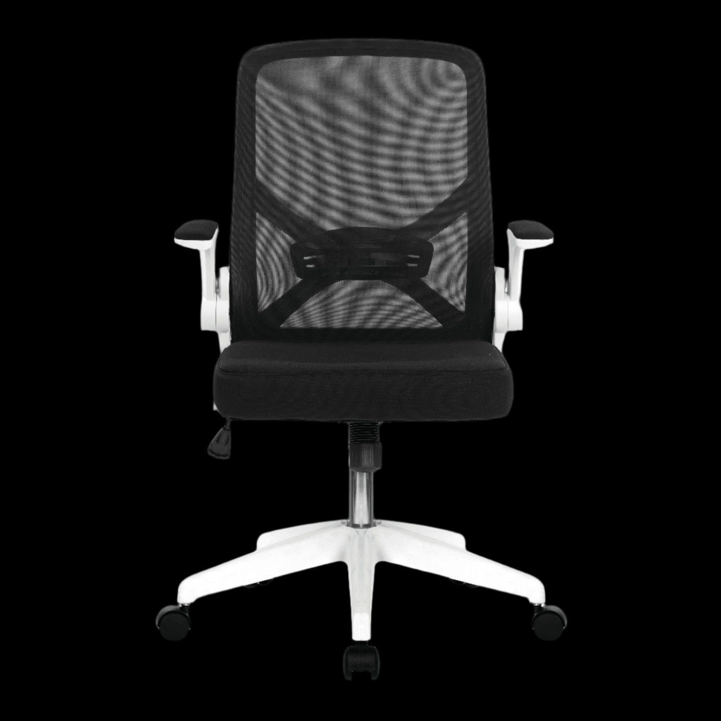 Black office chair with mesh backrest on a black background
