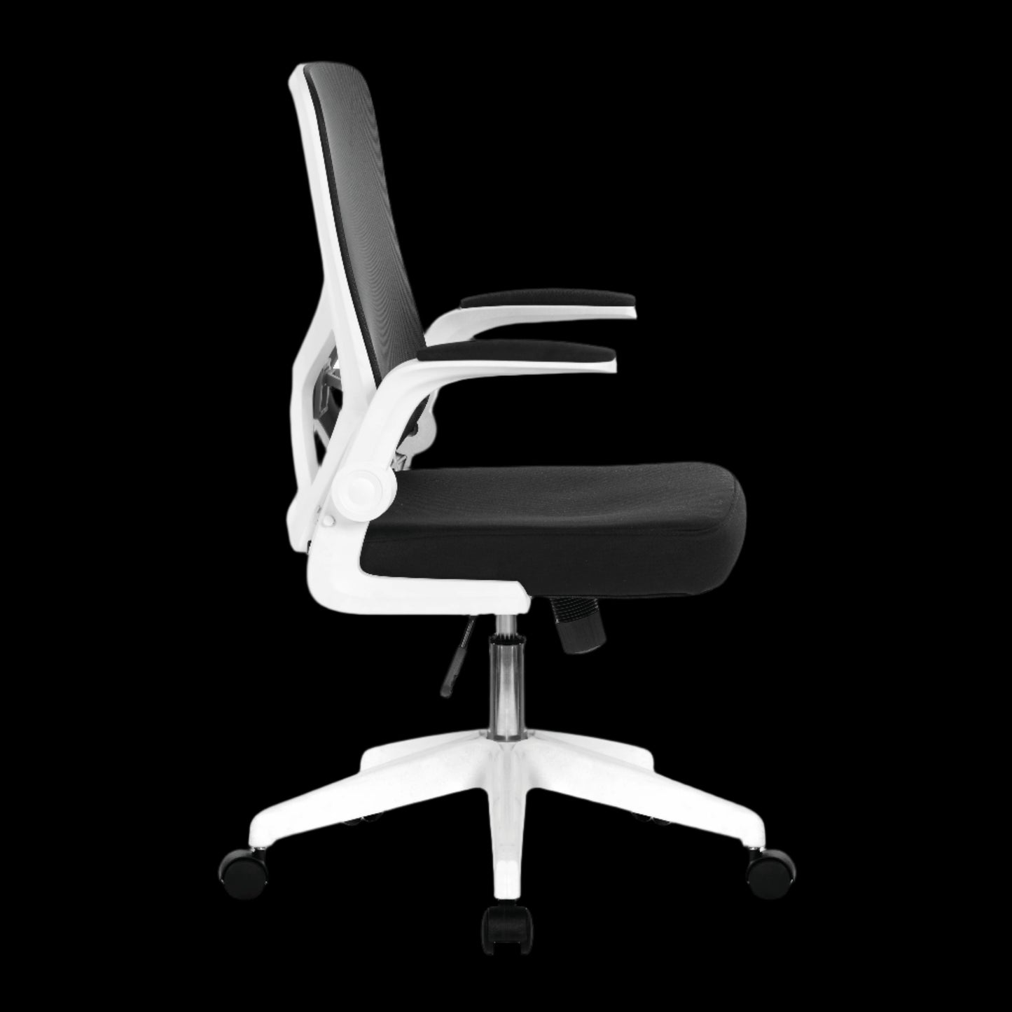 Black office chair with white base on a black background