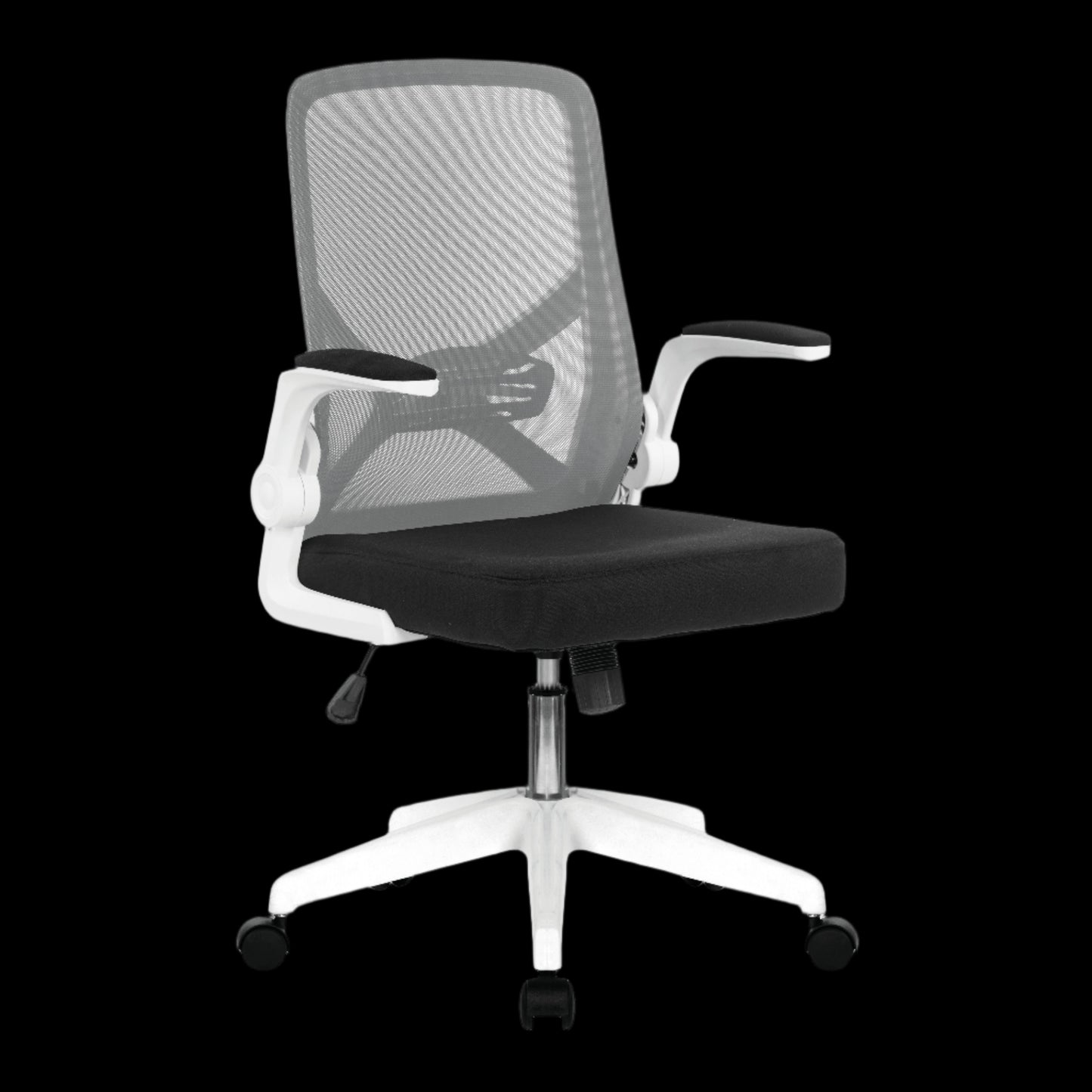 Black office chair with white base on a black background