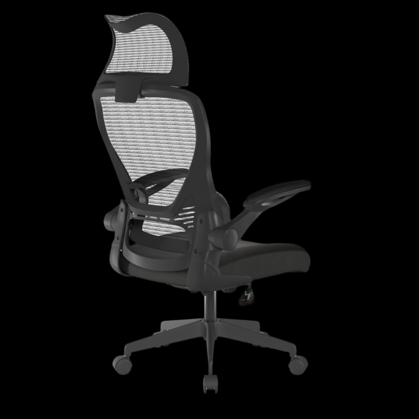 Black office chair with mesh back on a black background
