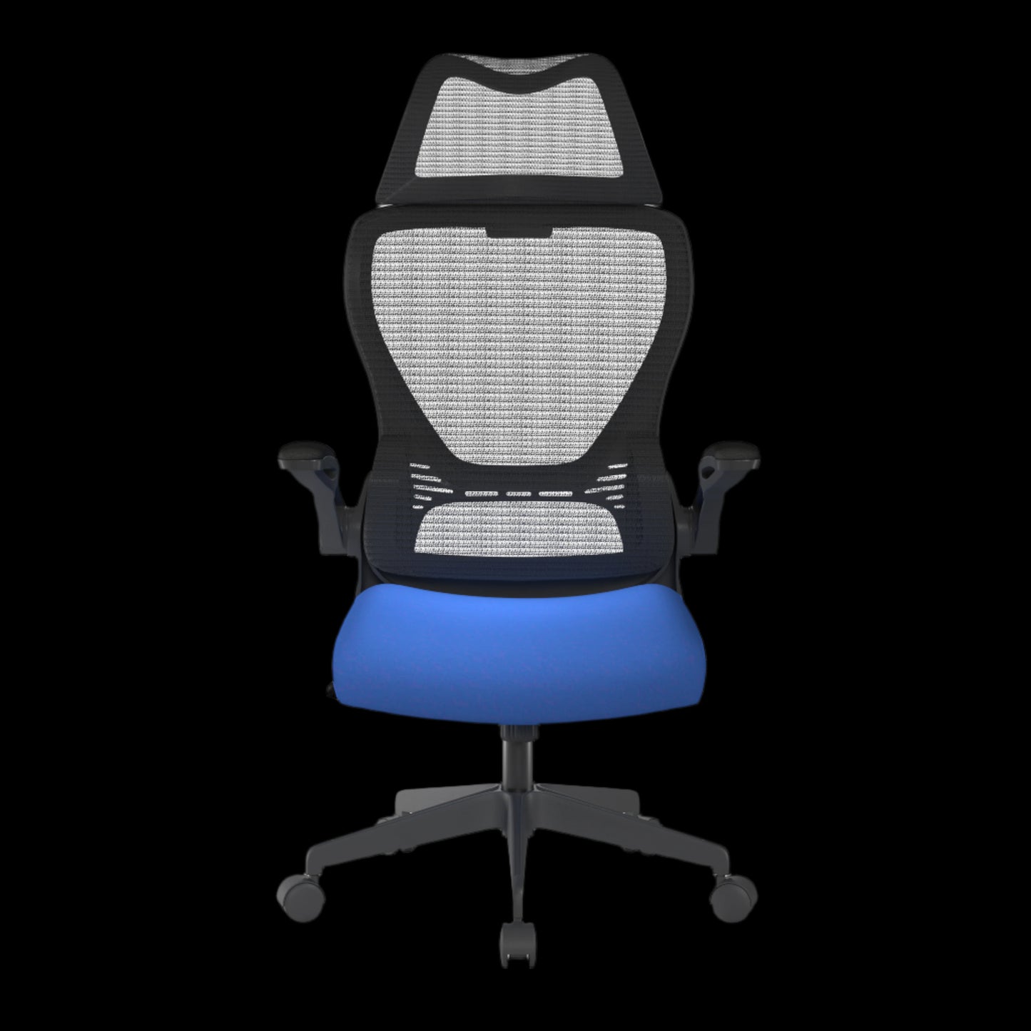 Ergonomic office chair with black mesh back and blue seat on a black background