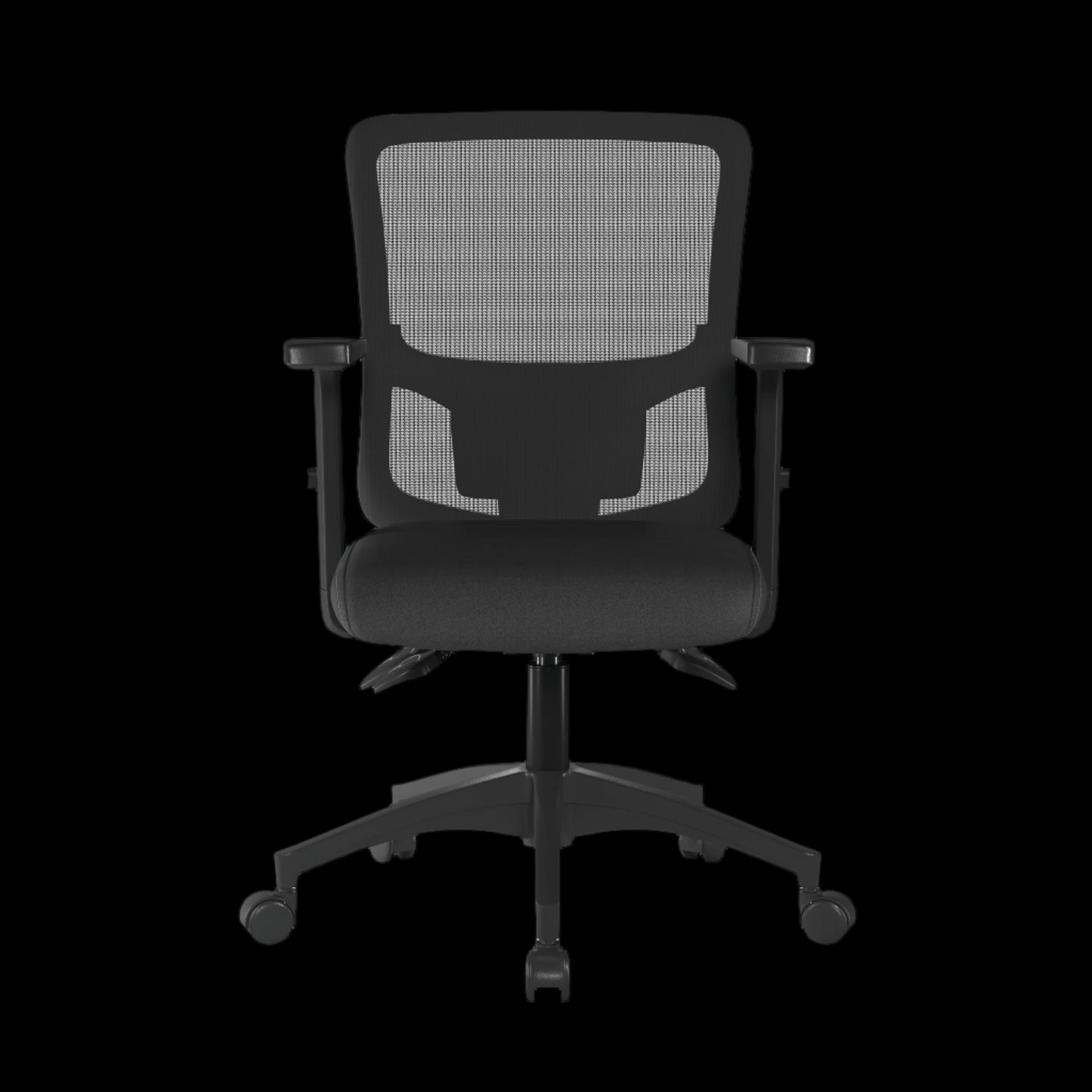 Black office chair with mesh back on a black background
