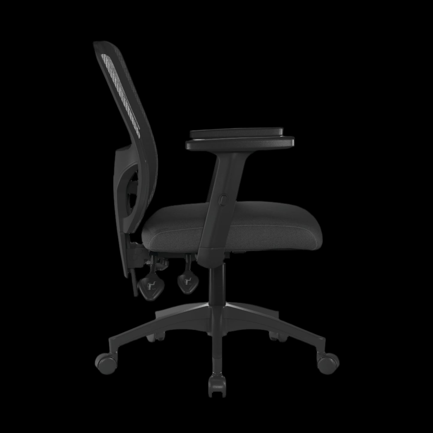 Black office chair with mesh backrest on a black background