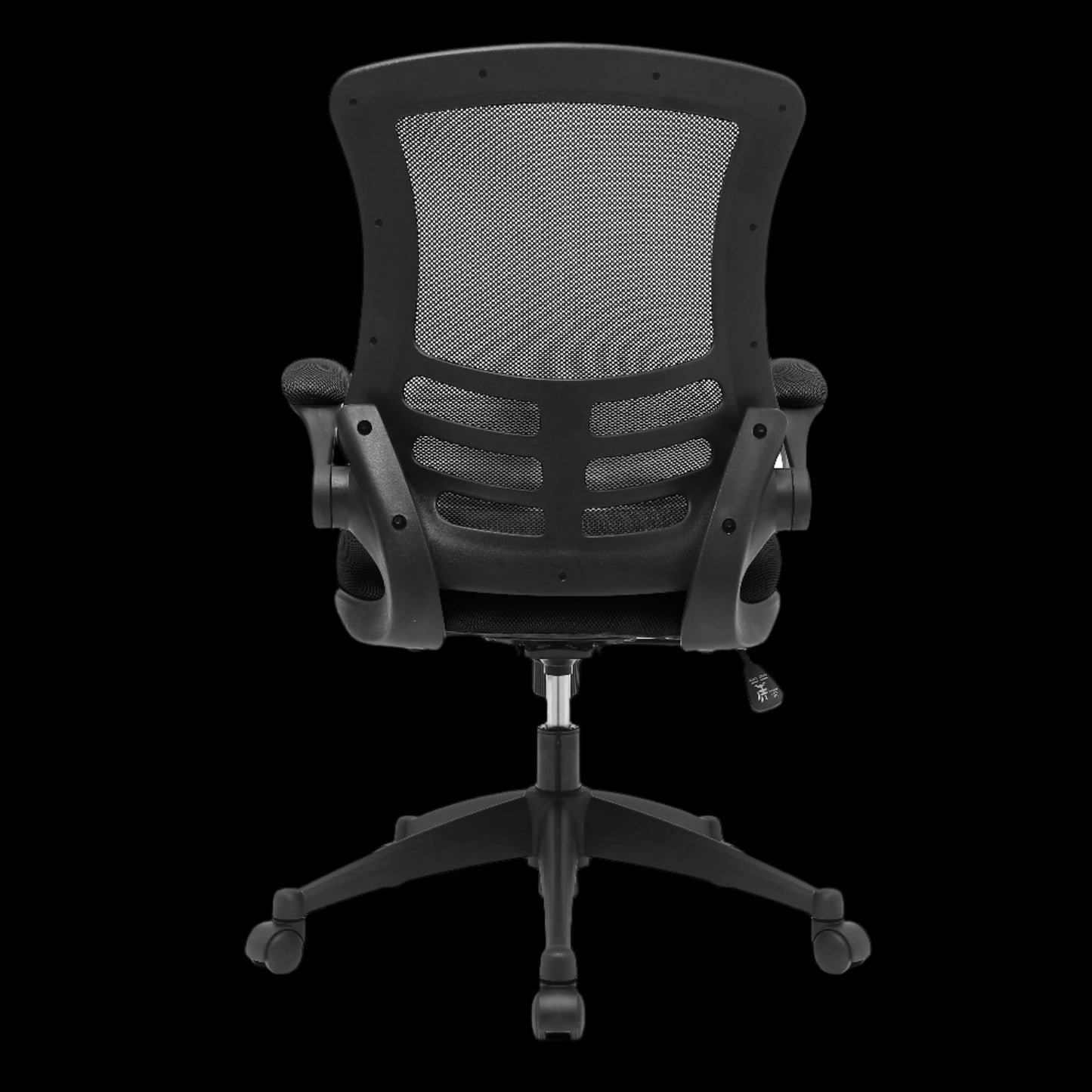 Black office chair with mesh back on a black background