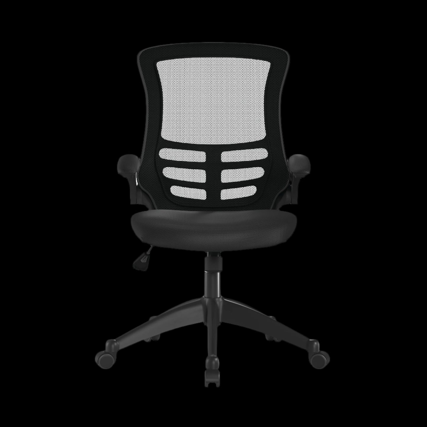 Black office chair with mesh back on a black background