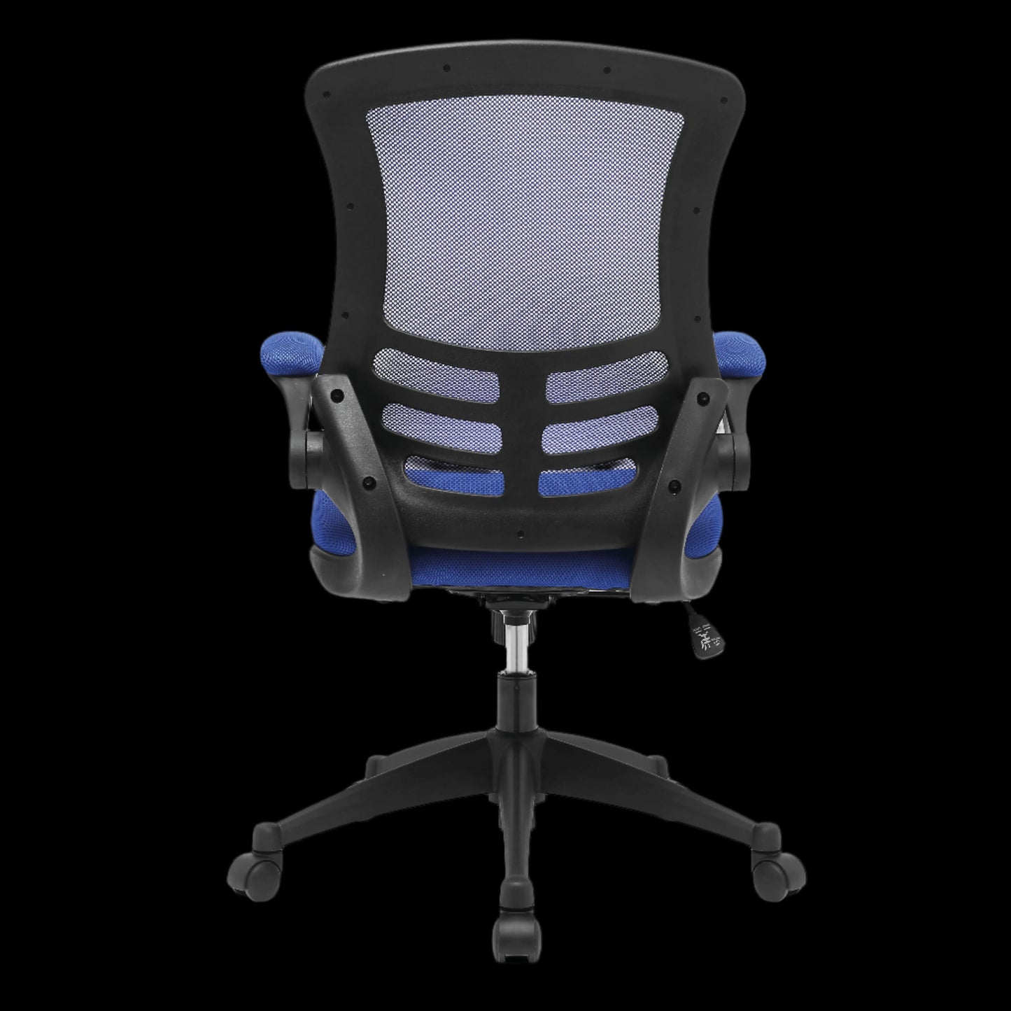 Blue office chair with black mesh back on a black background