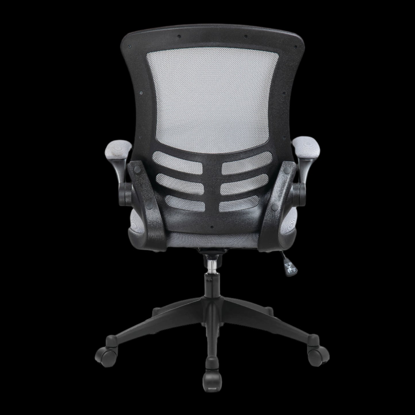 Black office chair with mesh back on a black background