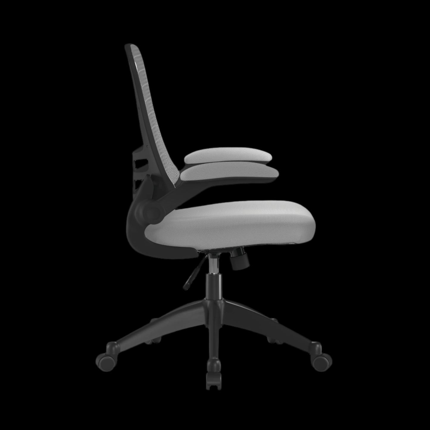 Gray office chair with black frame on a black background