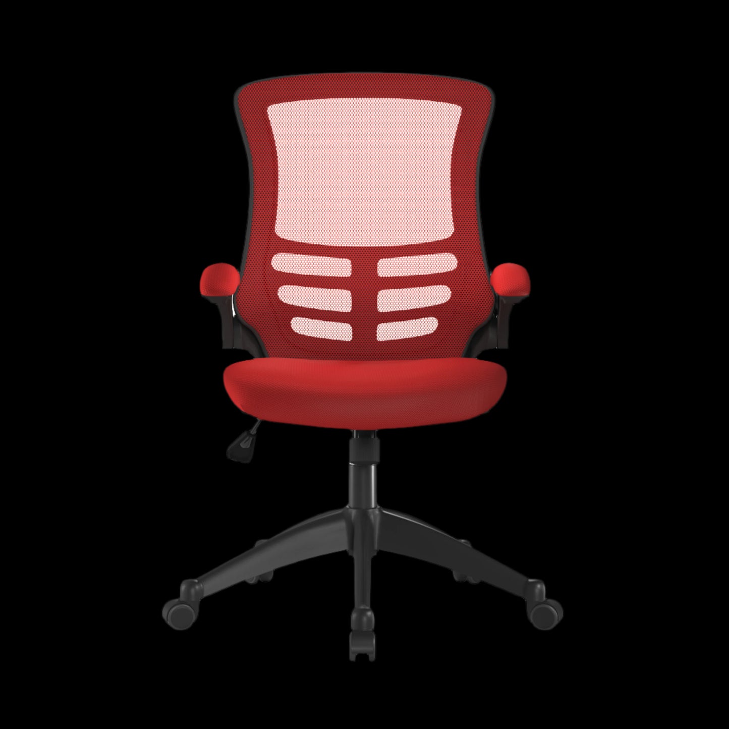 Red office chair with mesh back on a black background