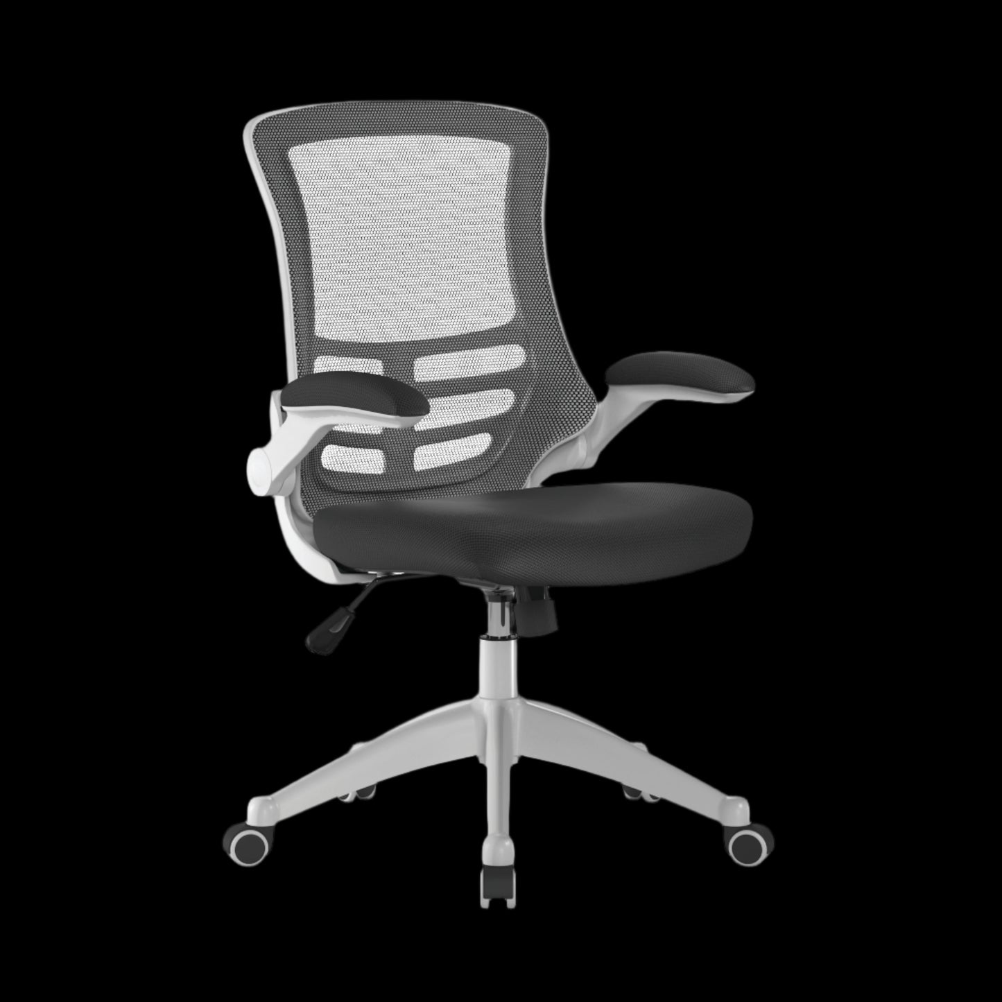 Gray office chair with mesh backrest on a black background