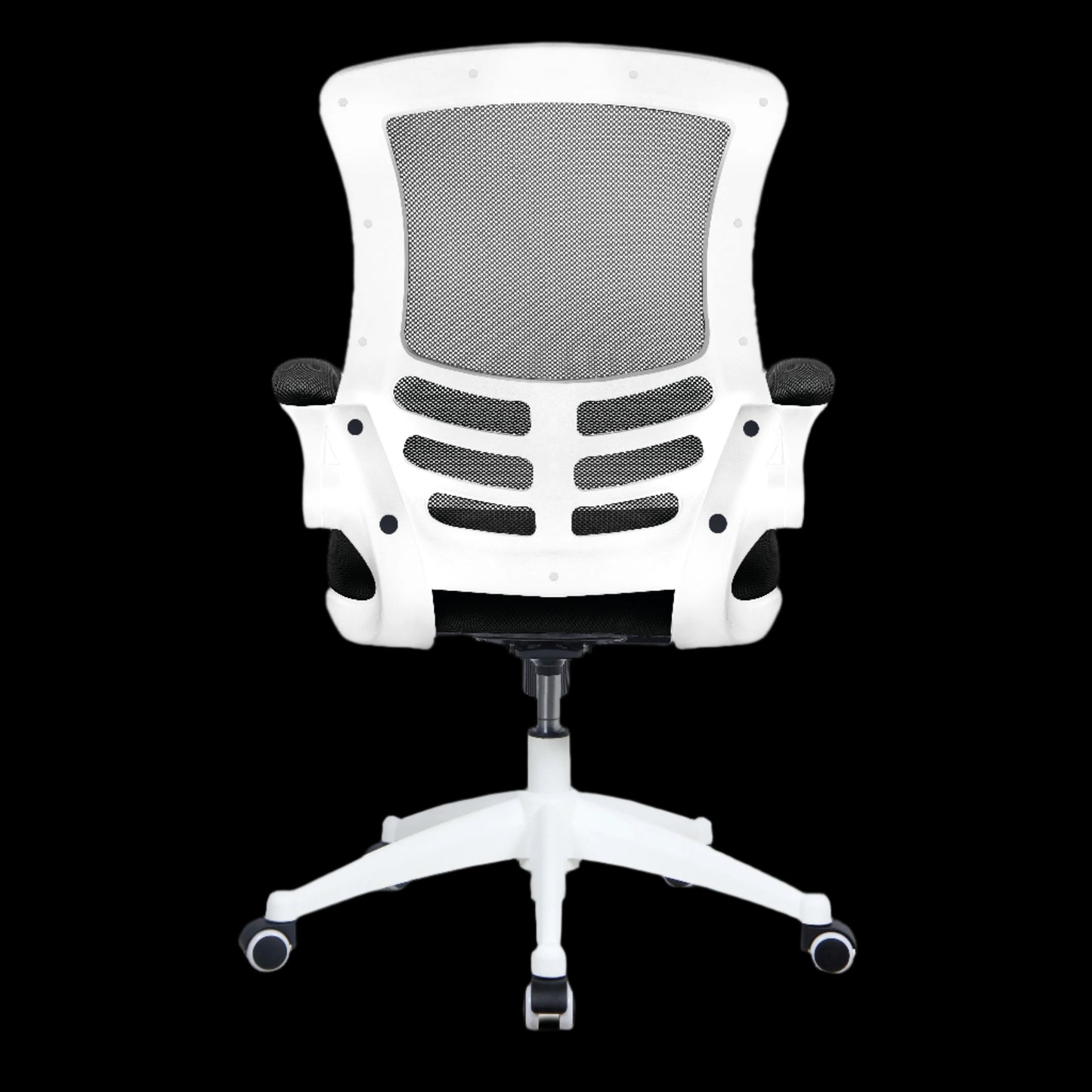 White office chair with black accents on a black background