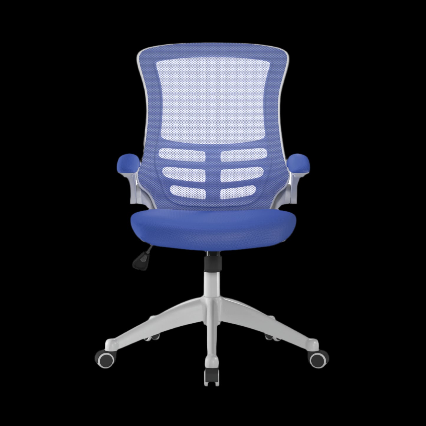 Blue office chair with mesh back on a black background