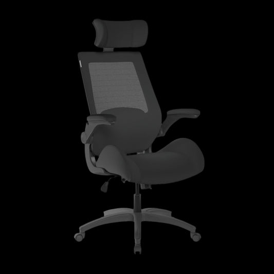 Black office chair with headrest on a black background