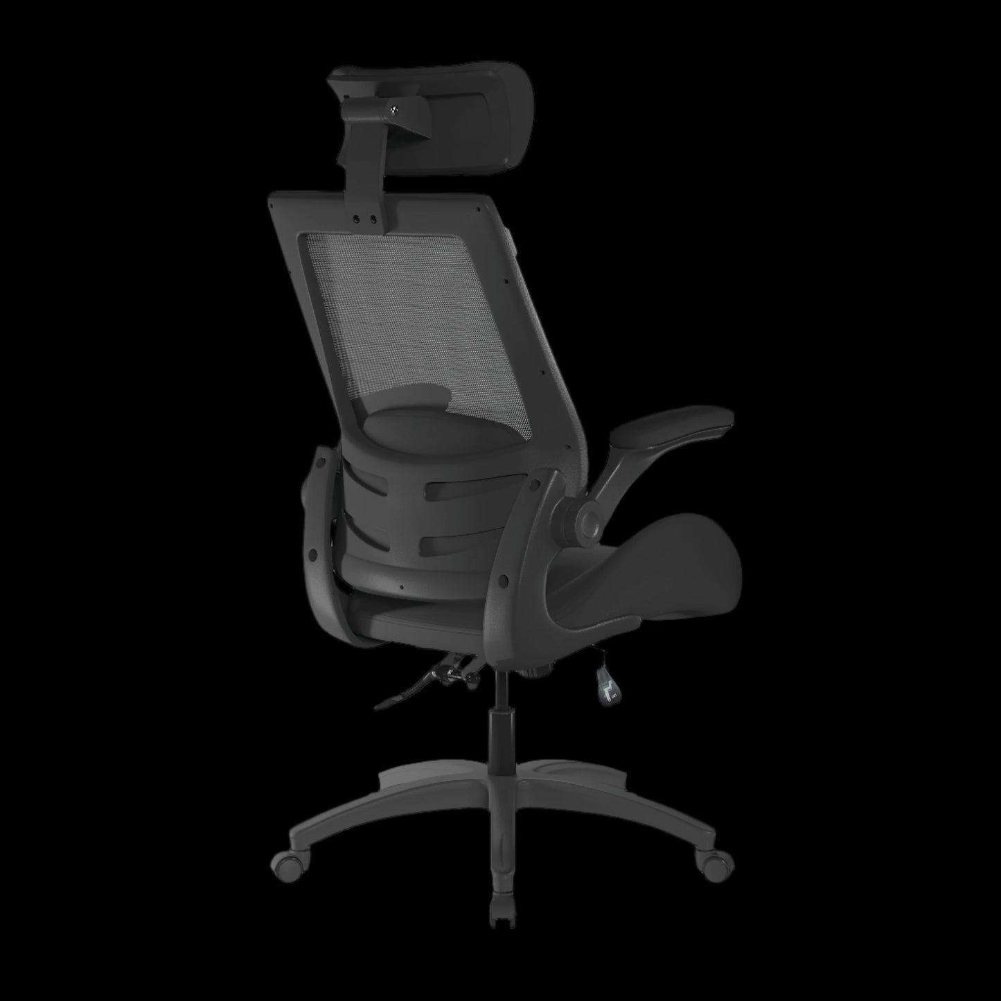 Black office chair with adjustable headrest on a black background