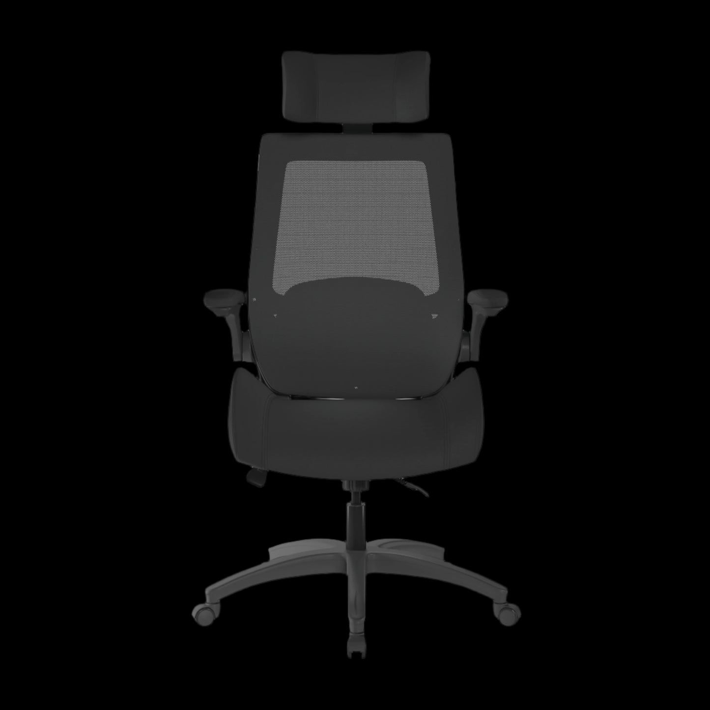 Black office chair with mesh backrest on a black background
