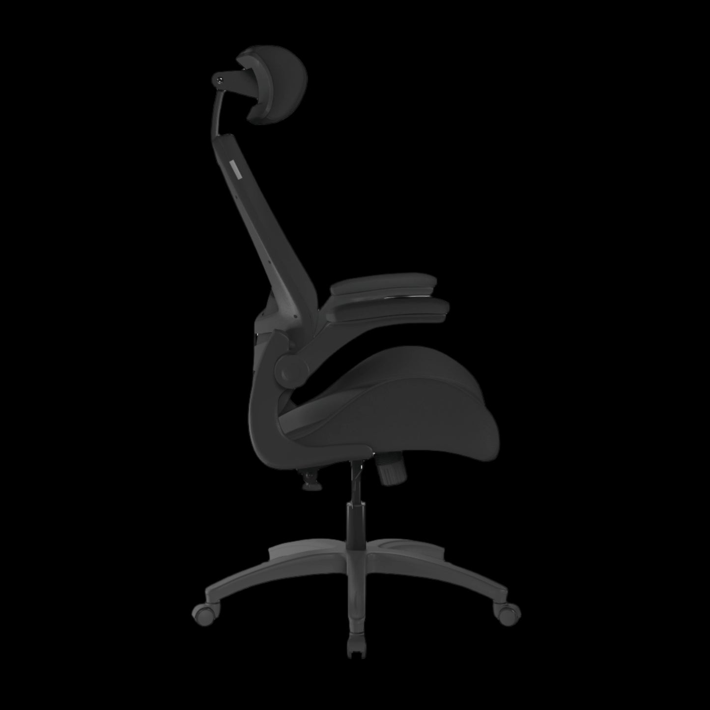 Black office chair with adjustable armrests on a black background