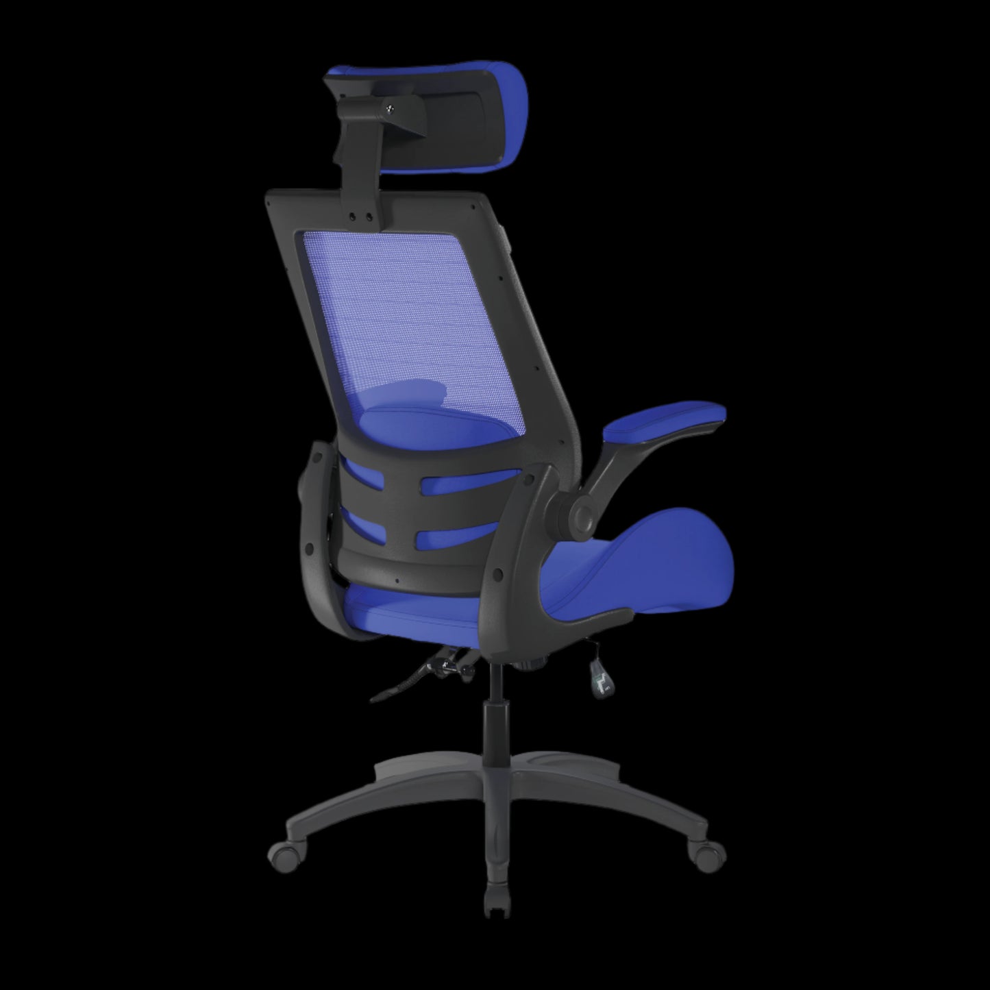Blue and black office chair on a black background