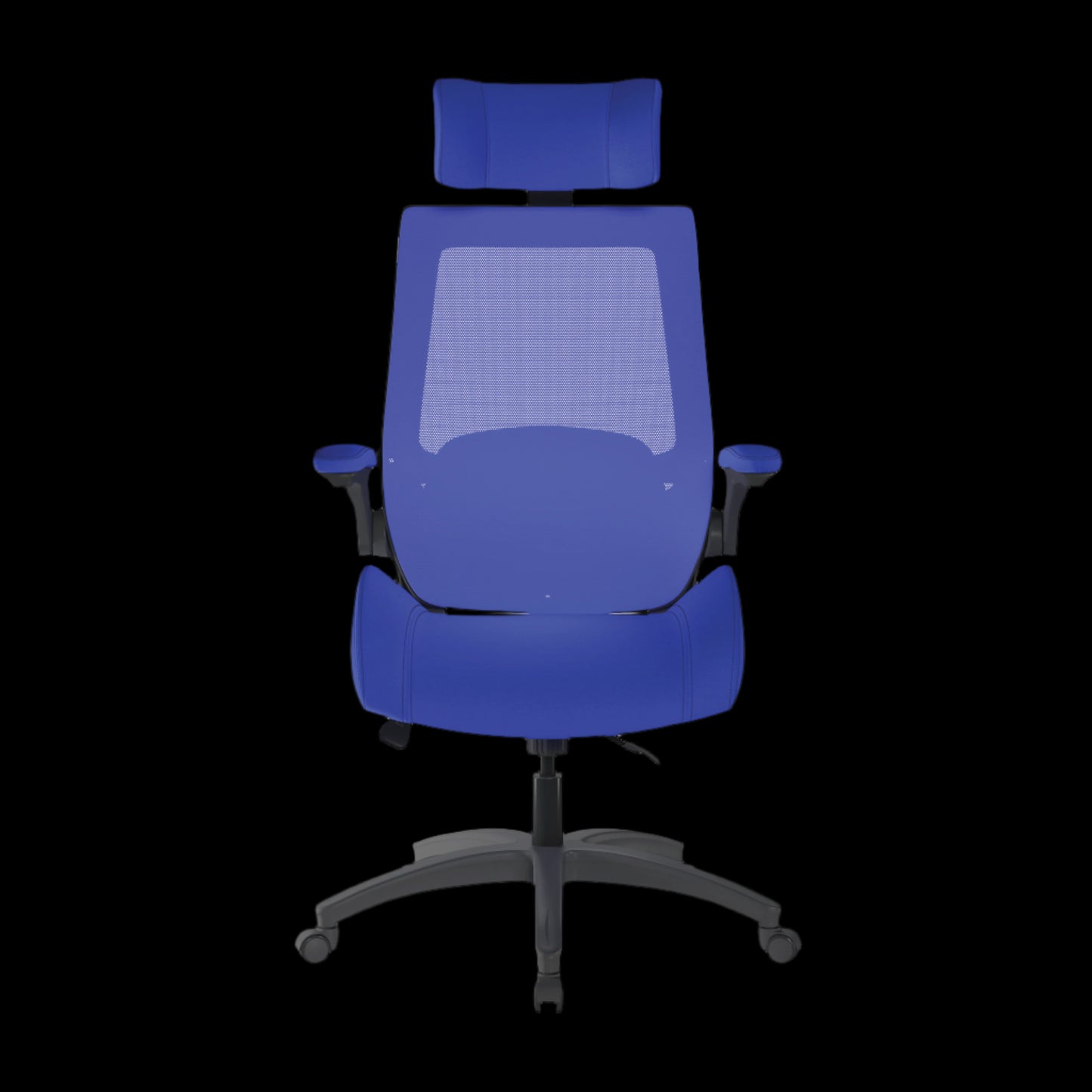 Blue office chair with mesh back on a black background