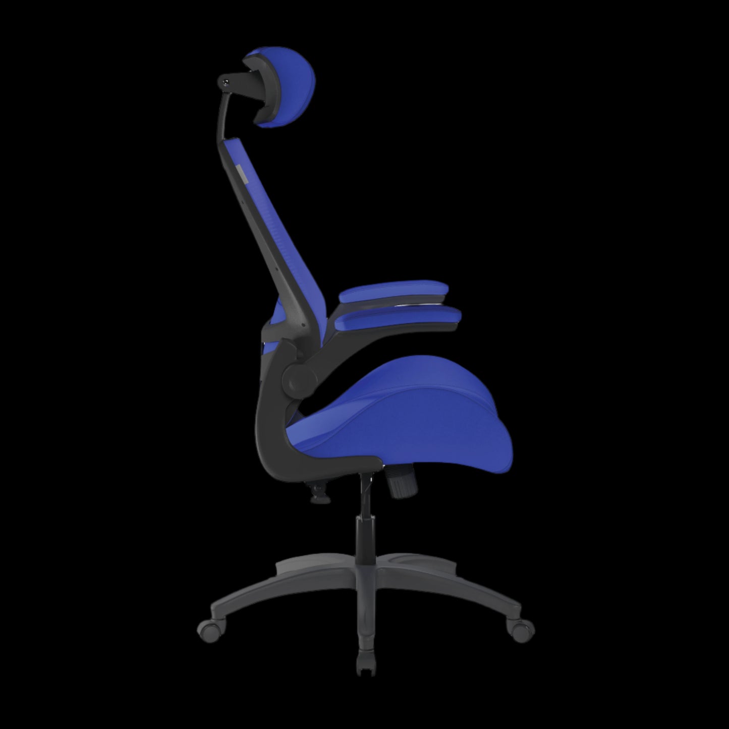 Blue office chair with black base on a black background