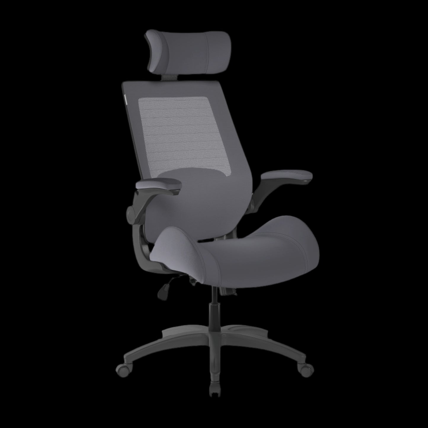 grey office chair with headrest on a black background