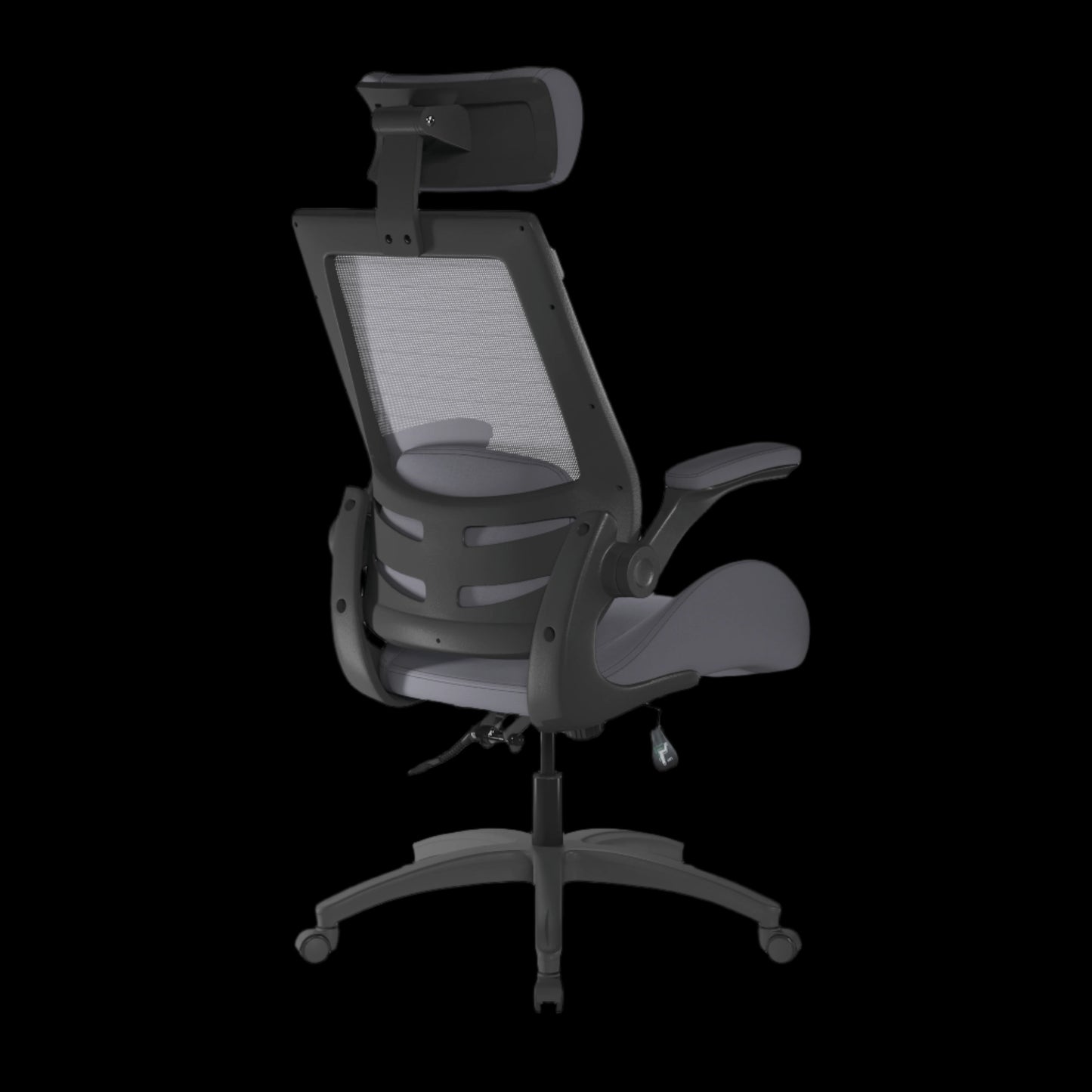 grey office chair with mesh backrest on a black background